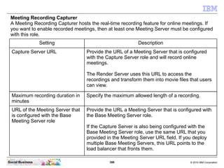388 © 2010 IBM CorporationSocial Business
Meeting Recording Capturer
A Meeting Recording Capturer hosts the real-time recording feature for online meetings. If
you want to enable recorded meetings, then at least one Meeting Server must be configured
with this role.
Setting Description
Capture Server URL Provide the URL of a Meeting Server that is configured
with the Capture Server role and will record online
meetings.
The Render Server uses this URL to access the
recordings and transform them into movie files that users
can view.
Maximum recording duration in
minutes
Specify the maximum allowed length of a recording.
URL of the Meeting Server that
is configured with the Base
Meeting Server role
Provide the URL a Meeting Server that is configured with
the Base Meeting Server role.
If the Capture Server is also being configured with the
Base Meeting Server role, use the same URL that you
provided in the Meeting Server URL field. If you deploy
multiple Base Meeting Servers, this URL points to the
load balancer that fronts them.
 