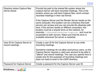 389 © 2010 IBM CorporationSocial Business
Directory where Capture files
will be stored
Provide the path to the shared file system where the
Capture Server will store recorded meetings. This is the
location where you will store Capture files, which contain
recorded meetings in their raw format.
If the Capture Server and the Render Server reside on the
same computer, this location can be a directory that both
servers can access and you can provide the absolute path
here. If the servers reside on different computers, this
location must be a shared drive on the network; for
example://shareddiskserver/capture , and must be
accessible to both servers. Make sure that the drive is
available whenever the server is restarted.
User ID for Capture Server to
record meetings
Create a user ID for the Capture Server to use while
recording meetings.
Sametime meetings do not allow anonymous users, so the
Capture Server requires a valid user account to be able to
"attend" and record meetings. The user you specify here is
create only for the purposes of recording meetings and
does not need to exist in the LDAP directory.
Password for Capture Server Create a password for the Capture Server user ID.
 