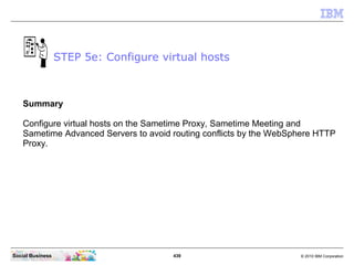 439 © 2010 IBM CorporationSocial Business
Summary
Configure virtual hosts on the Sametime Proxy, Sametime Meeting and
Sametime Advanced Servers to avoid routing conflicts by the WebSphere HTTP
Proxy.
STEP 5e: Configure virtual hosts
 