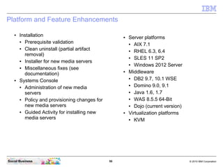 50 © 2010 IBM CorporationSocial Business
Platform and Feature Enhancements
● Installation
● Prerequisite validation
● Clean uninstall (partial artifact
removal)
● Installer for new media servers
● Miscellaneous fixes (see
documentation)
● Systems Console
● Administration of new media
servers
● Policy and provisioning changes for
new media servers
● Guided Activity for installing new
media servers
● Server platforms
● AIX 7.1
● RHEL 6.3, 6.4
● SLES 11 SP2
● Windows 2012 Server
● Middleware
● DB2 9.7, 10.1 WSE
● Domino 9.0, 9.1
● Java 1.6, 1.7
● WAS 8.5.5 64-Bit
● Dojo (current version)
● Virtualization platforms
● KVM
 