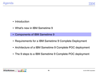 55 © 2010 IBM CorporationSocial Business
Agenda
● Introduction
● What's new in IBM Sametime 9
● Components of IBM Sametime 9
● Requirements for a IBM Sametime 9 Complete Deployment
● Architecture of a IBM Sametime 9 Complete POC deployment
● The 9 steps to a IBM Sametime 9 Complete POC deployment
 