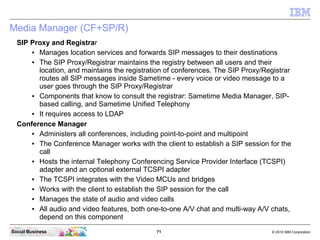 71 © 2010 IBM CorporationSocial Business
Media Manager (CF+SP/R)
SIP Proxy and Registrar
● Manages location services and forwards SIP messages to their destinations
● The SIP Proxy/Registrar maintains the registry between all users and their
location, and maintains the registration of conferences. The SIP Proxy/Registrar
routes all SIP messages inside Sametime - every voice or video message to a
user goes through the SIP Proxy/Registrar
● Components that know to consult the registrar: Sametime Media Manager, SIP-
based calling, and Sametime Unified Telephony
● It requires access to LDAP
Conference Manager
● Administers all conferences, including point-to-point and multipoint
● The Conference Manager works with the client to establish a SIP session for the
call
● Hosts the internal Telephony Conferencing Service Provider Interface (TCSPI)
adapter and an optional external TCSPI adapter
● The TCSPI integrates with the Video MCUs and bridges
● Works with the client to establish the SIP session for the call
● Manages the state of audio and video calls
● All audio and video features, both one-to-one A/V chat and multi-way A/V chats,
depend on this component
 