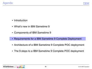 83 © 2010 IBM CorporationSocial Business
Agenda
● Introduction
● What's new in IBM Sametime 9
● Components of IBM Sametime 9
● Requirements for a IBM Sametime 9 Complete Deployment
● Architecture of a IBM Sametime 9 Complete POC deployment
● The 9 steps to a IBM Sametime 9 Complete POC deployment
 