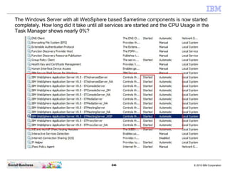 844 © 2010 IBM CorporationSocial Business
The Windows Server with all WebSphere based Sametime components is now started
completely. How long did it take until all services are started and the CPU Usage in the
Task Manager shows nearly 0%?
 