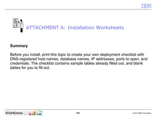 925 © 2010 IBM CorporationSocial Business
Summary
Before you install, print this topic to create your own deployment checklist with
DNS-registered host names, database names, IP addresses, ports to open, and
credentials. The checklist contains sample tables already filled out, and blank
tables for you to fill out.
ATTACHMENT A: Installation Worksheets
 