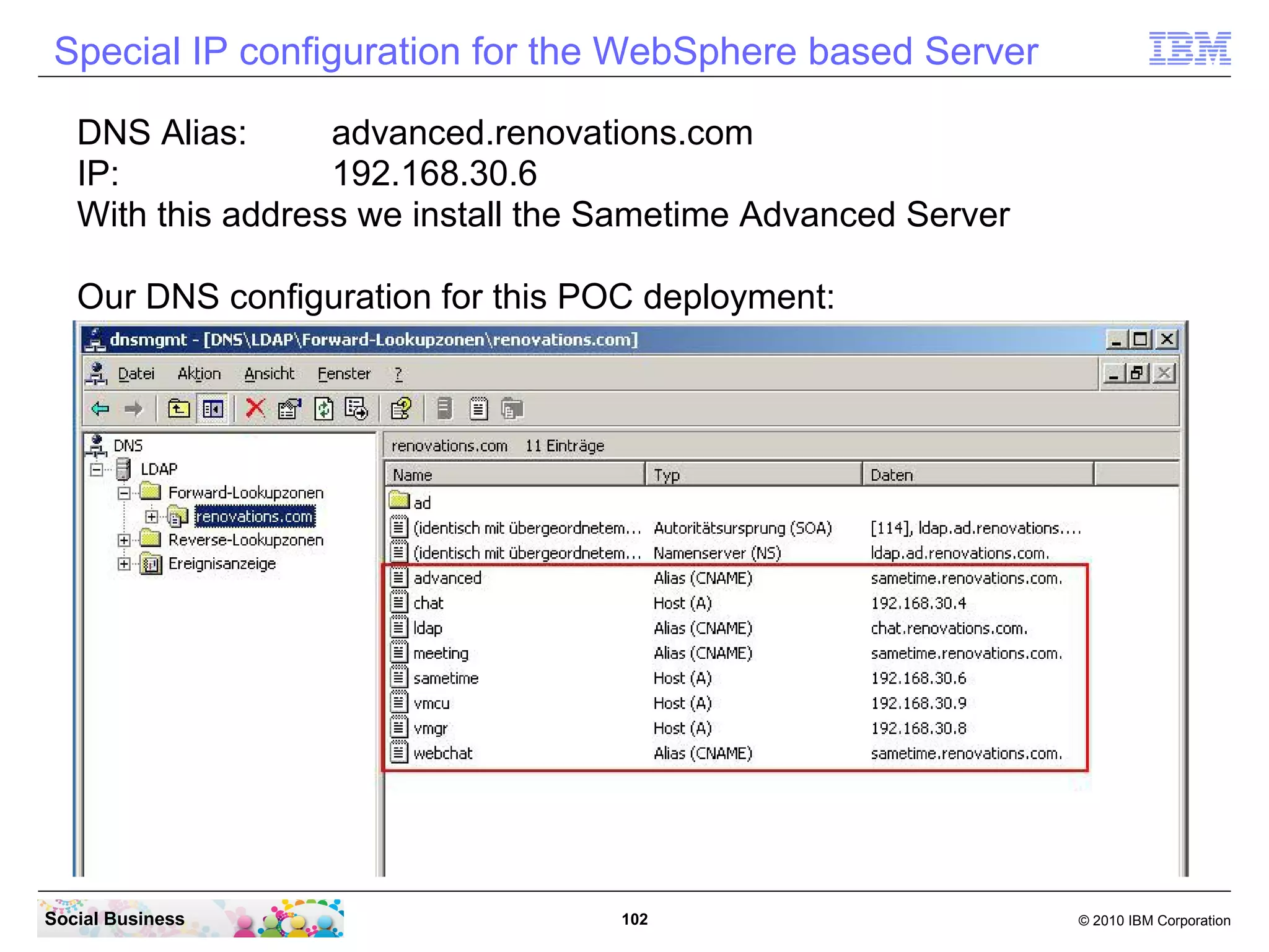 Special IP configuration for the WebSphere based Server
DNS Alias:
advanced.renovations.com
IP:
192.168.30.6
With this address we install the Sametime Advanced Server
Our DNS configuration for this POC deployment:

Social Business

102

© 2010 IBM Corporation

 