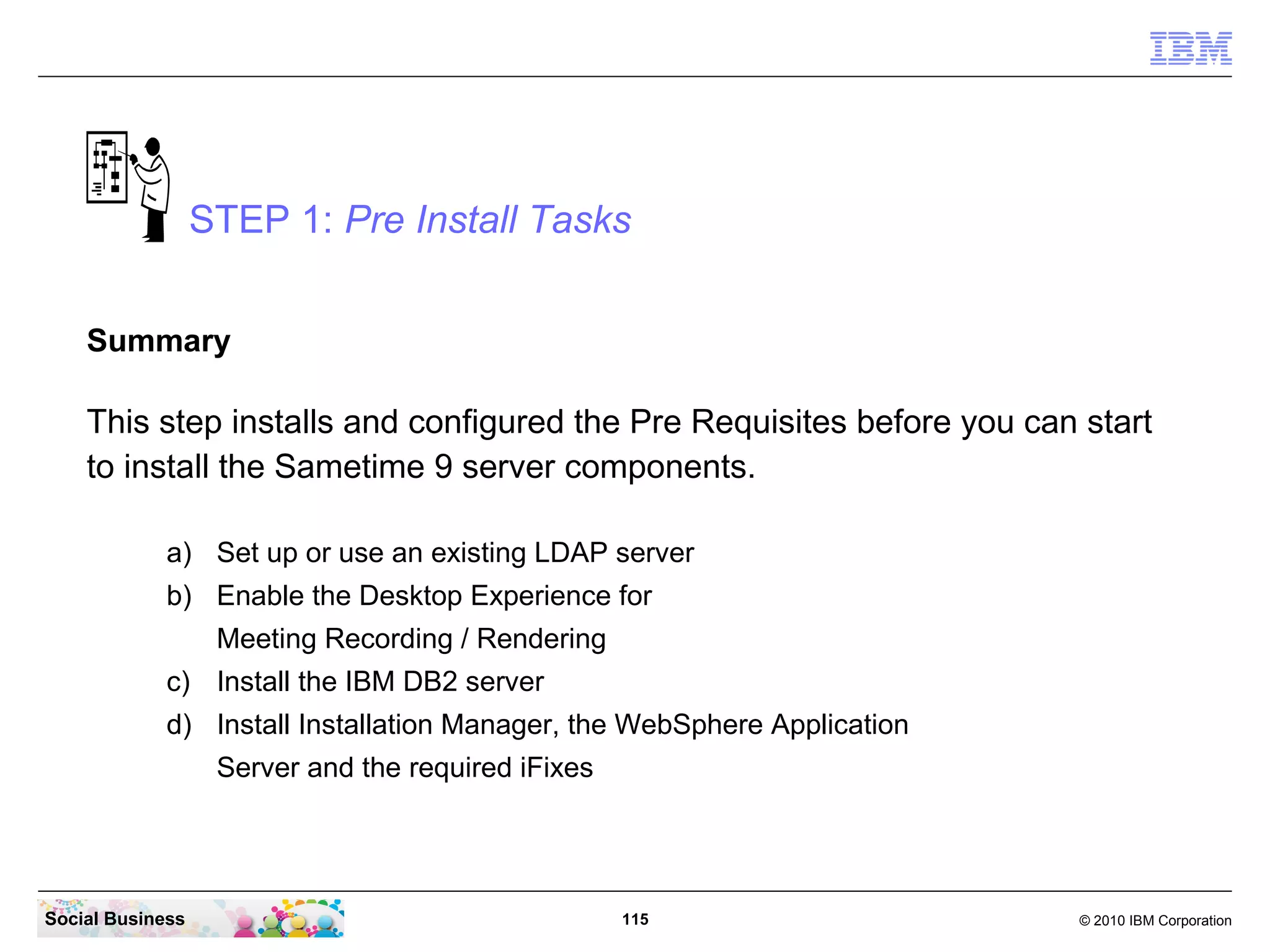 STEP 1: Pre Install Tasks
Summary

This step installs and configured the Pre Requisites before you can start
to install the Sametime 9 server components.
a) Set up or use an existing LDAP server
b) Enable the Desktop Experience for
Meeting Recording / Rendering
c) Install the IBM DB2 server
d) Install Installation Manager, the WebSphere Application
Server and the required iFixes

Social Business

115

© 2010 IBM Corporation

 