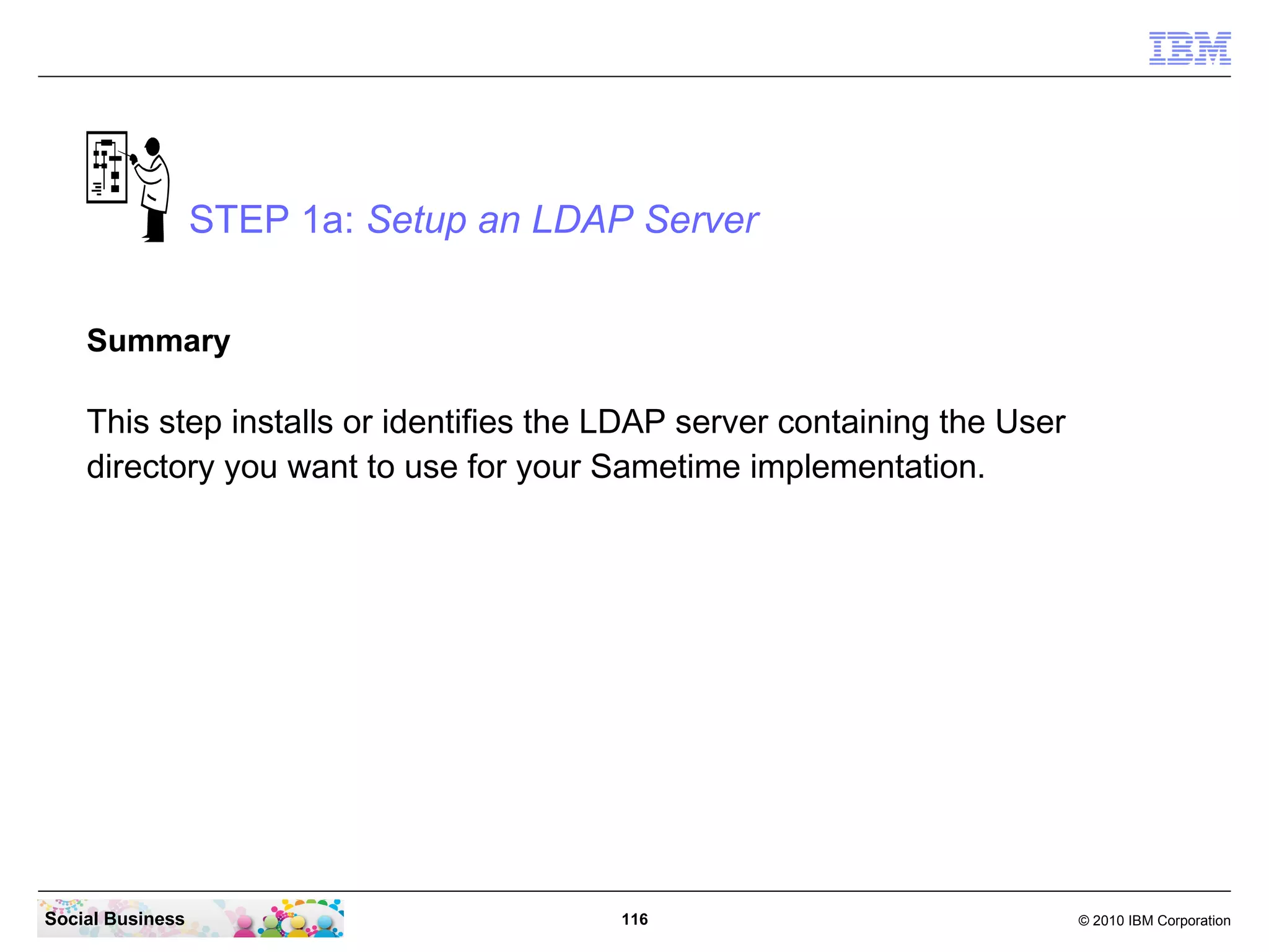 STEP 1a: Setup an LDAP Server
Summary

This step installs or identifies the LDAP server containing the User
directory you want to use for your Sametime implementation.

Social Business

116

© 2010 IBM Corporation

 