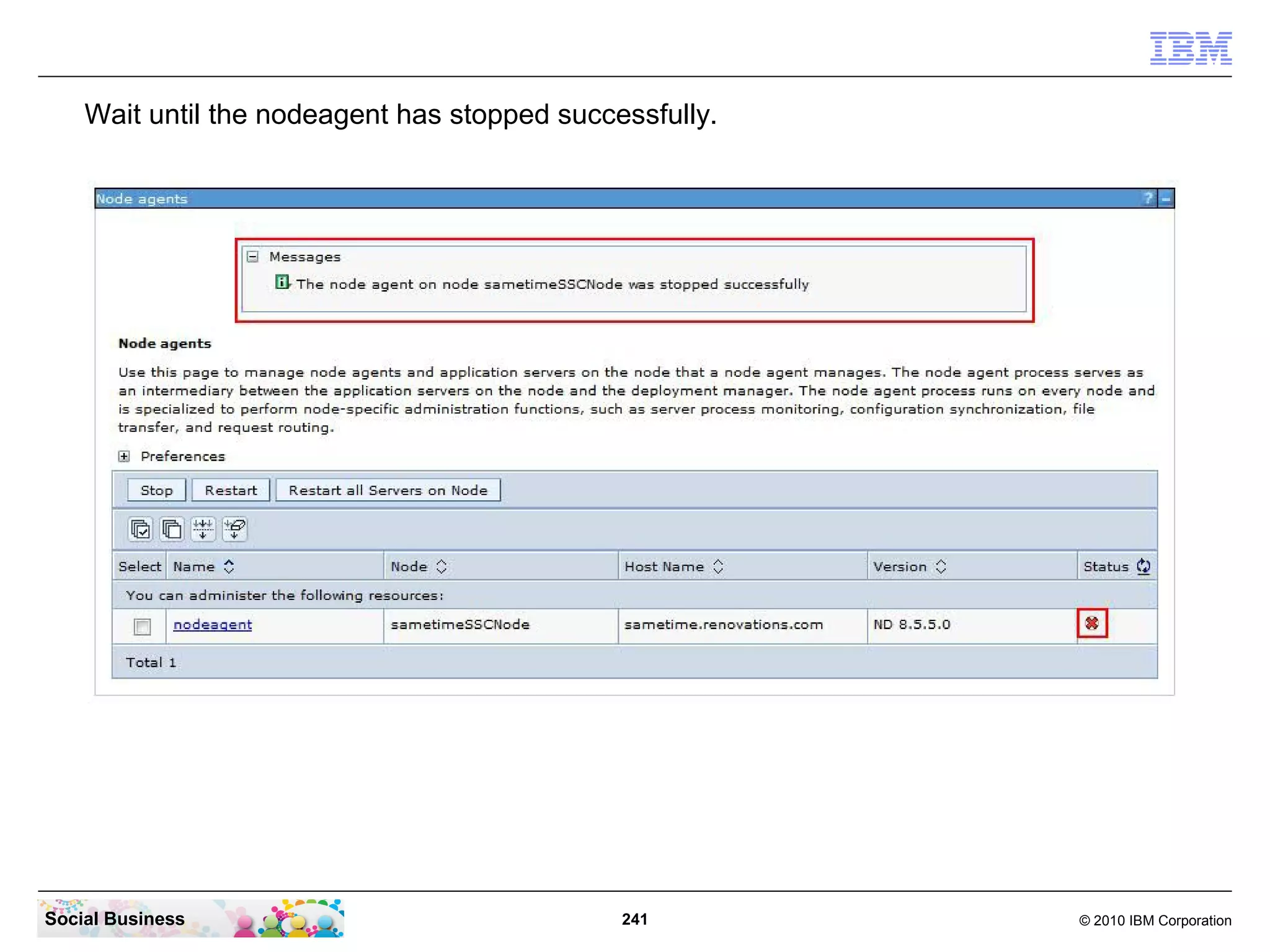 Wait until the nodeagent has stopped successfully.

Social Business

241

© 2010 IBM Corporation

 
