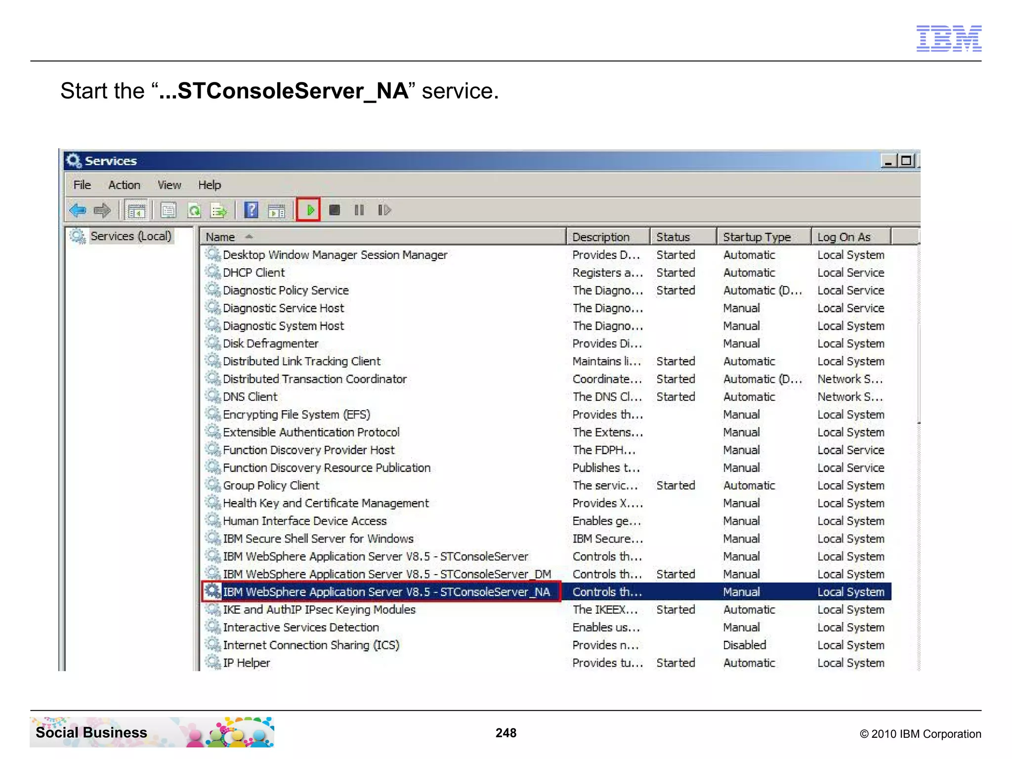 Start the “...STConsoleServer_NA” service.

Social Business

248

© 2010 IBM Corporation

 