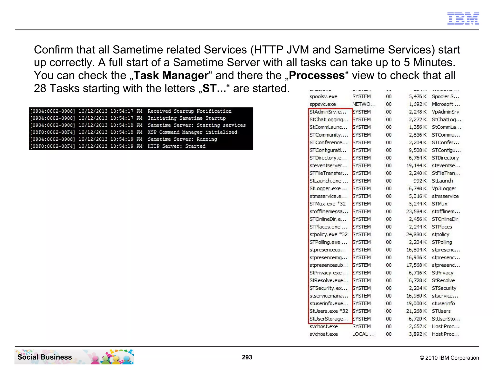 Confirm that all Sametime related Services (HTTP JVM and Sametime Services) start
up correctly. A full start of a Sametime Server with all tasks can take up to 5 Minutes.
You can check the „Task Manager“ and there the „Processes“ view to check that all
28 Tasks starting with the letters „ST...“ are started.

Social Business

293

© 2010 IBM Corporation

 