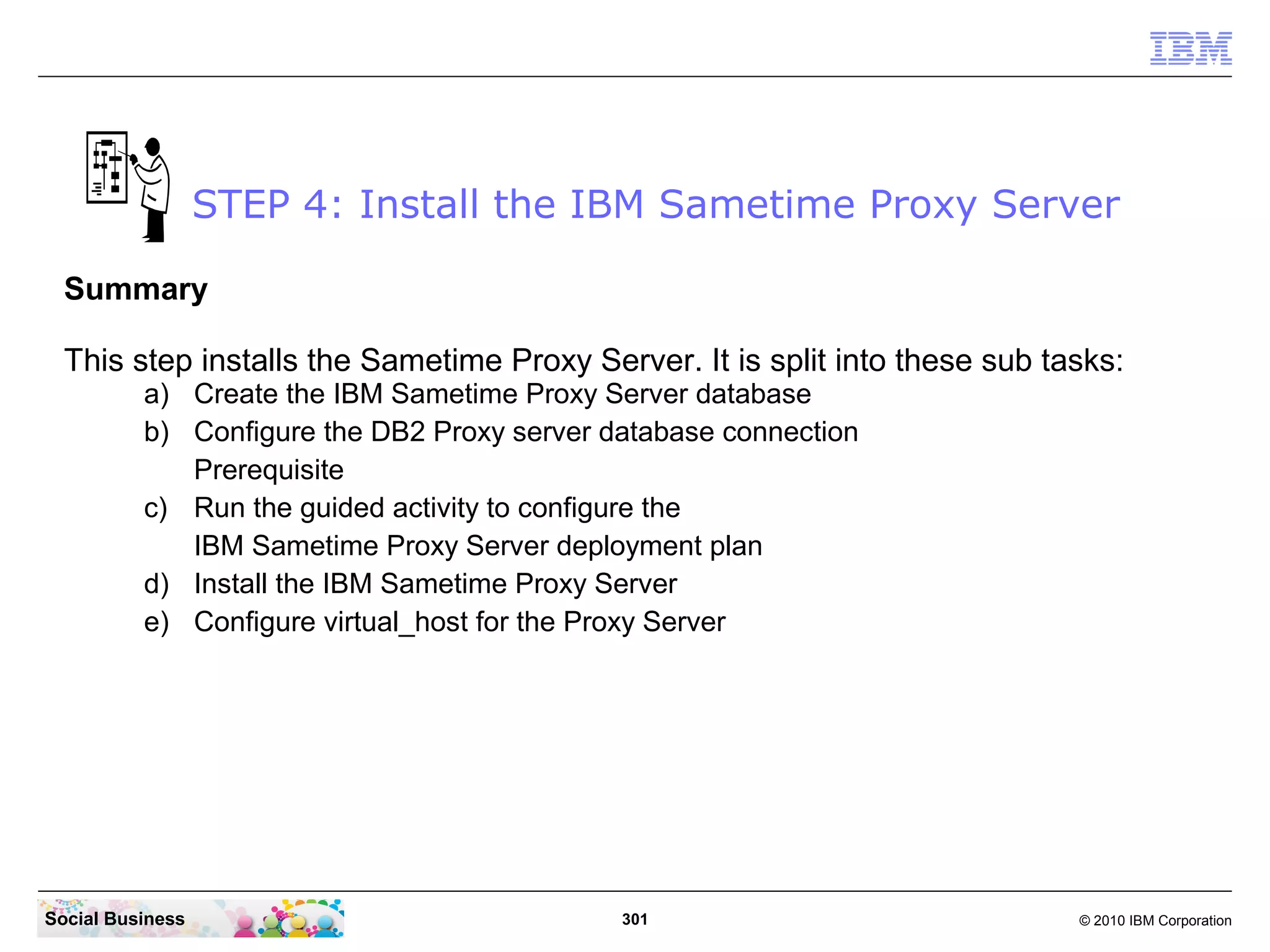 STEP 4: Install the IBM Sametime Proxy Server
Summary
This step installs the Sametime Proxy Server. It is split into these sub tasks:
a) Create the IBM Sametime Proxy Server database
b) Configure the DB2 Proxy server database connection
Prerequisite
c) Run the guided activity to configure the
IBM Sametime Proxy Server deployment plan
d) Install the IBM Sametime Proxy Server
e) Configure virtual_host for the Proxy Server

Social Business

301

© 2010 IBM Corporation

 