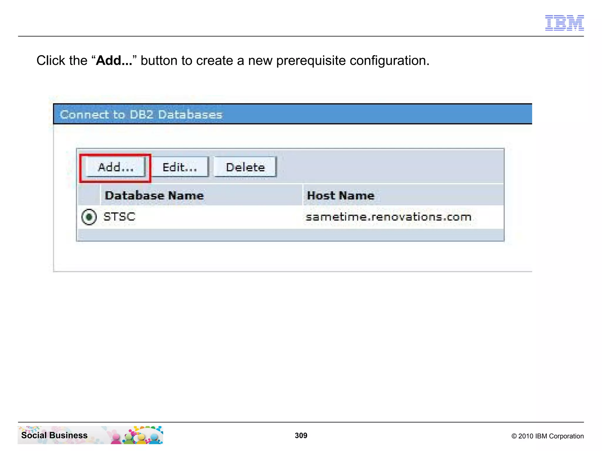 Click the “Add...” button to create a new prerequisite configuration.

Social Business

309

© 2010 IBM Corporation

 