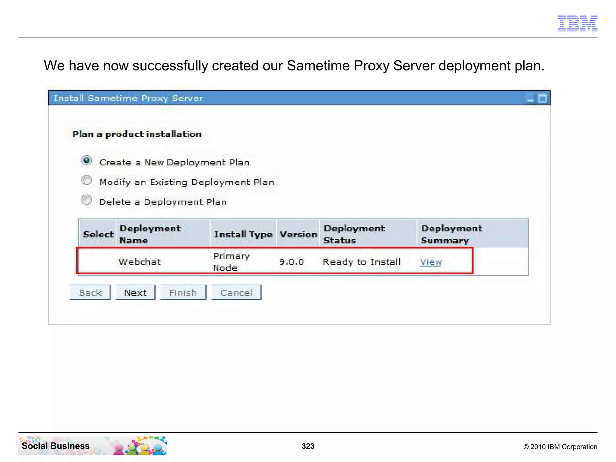 We have now successfully created our Sametime Proxy Server deployment plan.

Social Business

323

© 2010 IBM Corporation

 