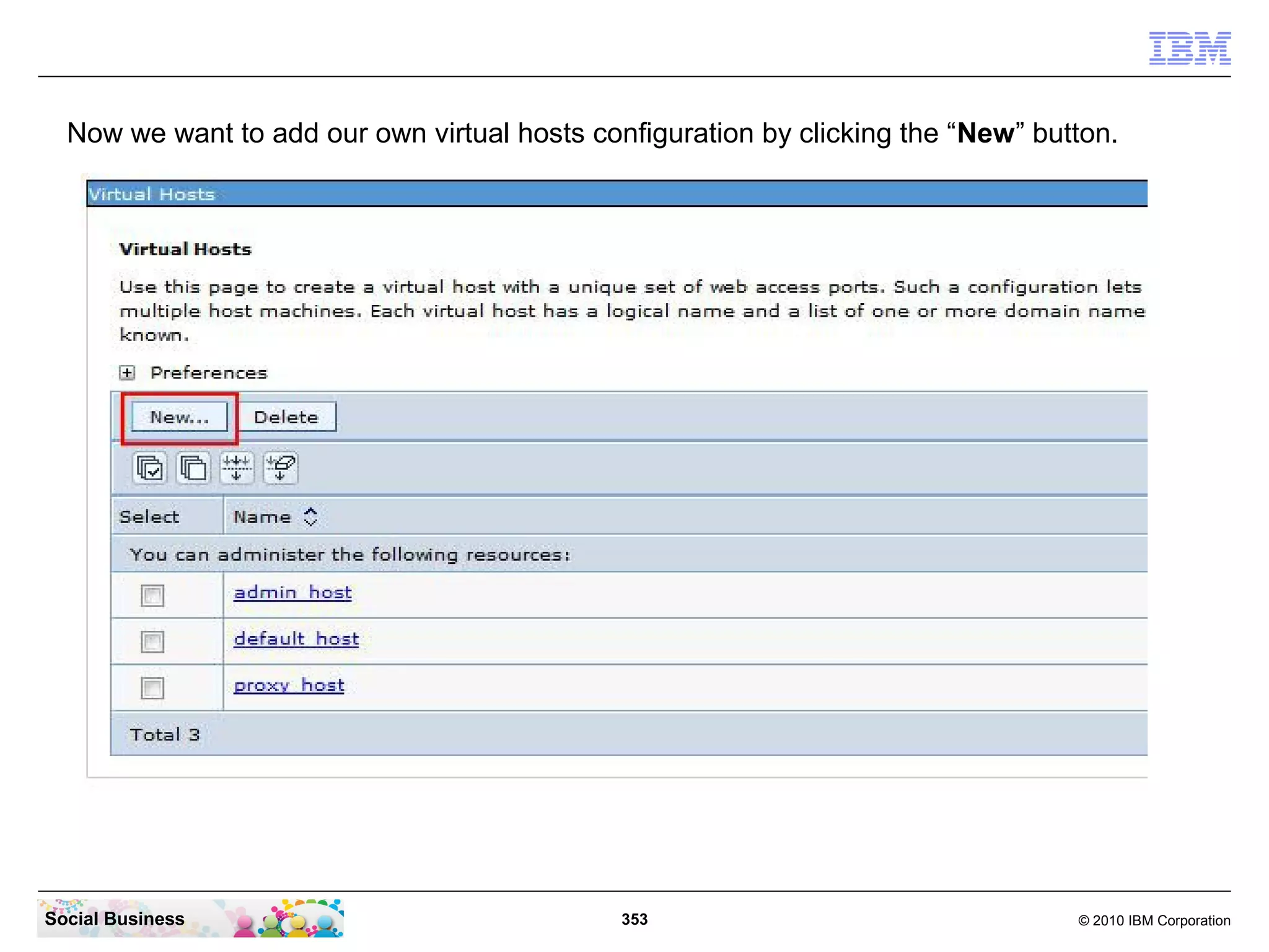 Now we want to add our own virtual hosts configuration by clicking the “New” button.

Social Business

353

© 2010 IBM Corporation

 
