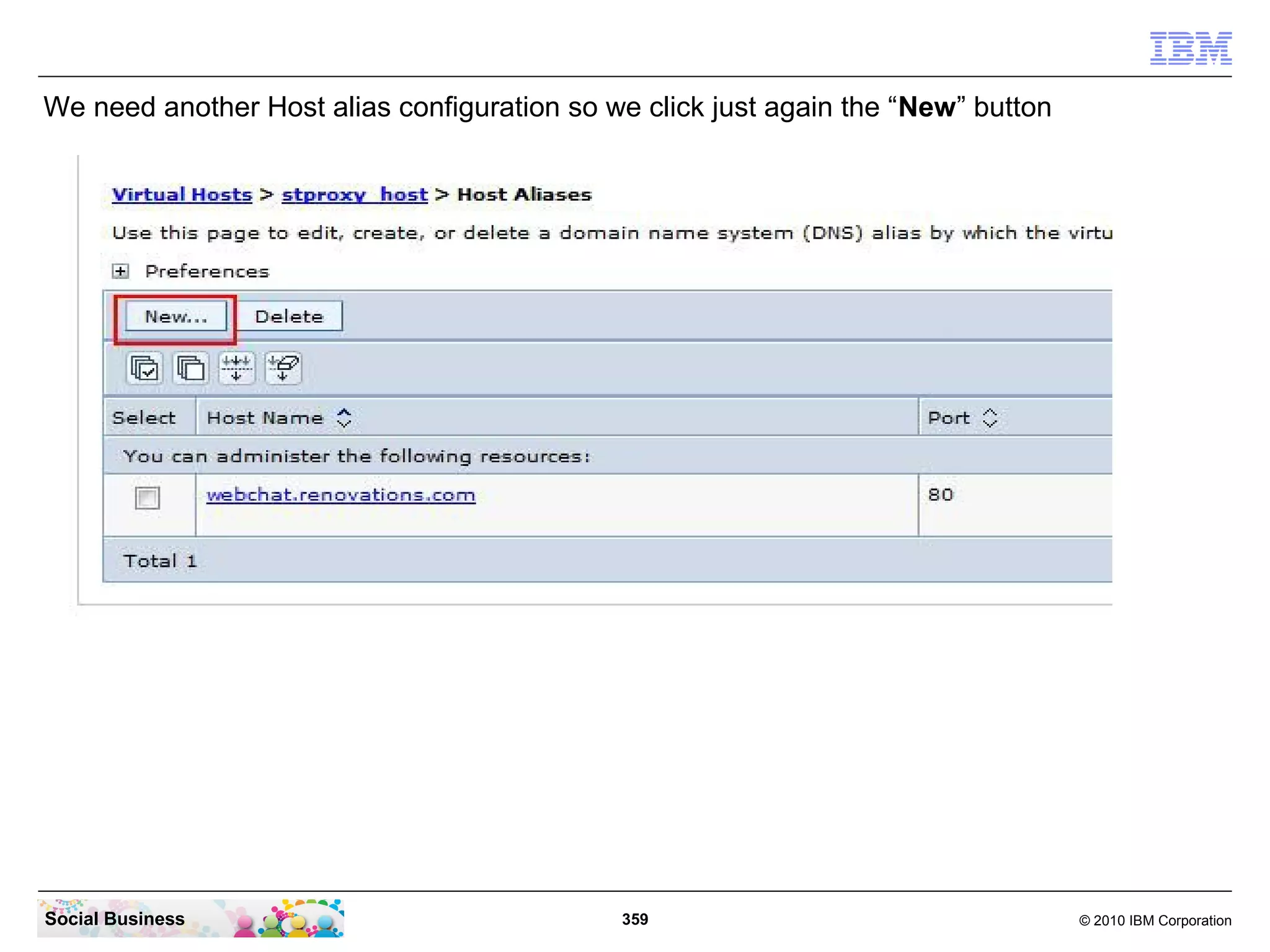 We need another Host alias configuration so we click just again the “New” button

Social Business

359

© 2010 IBM Corporation

 