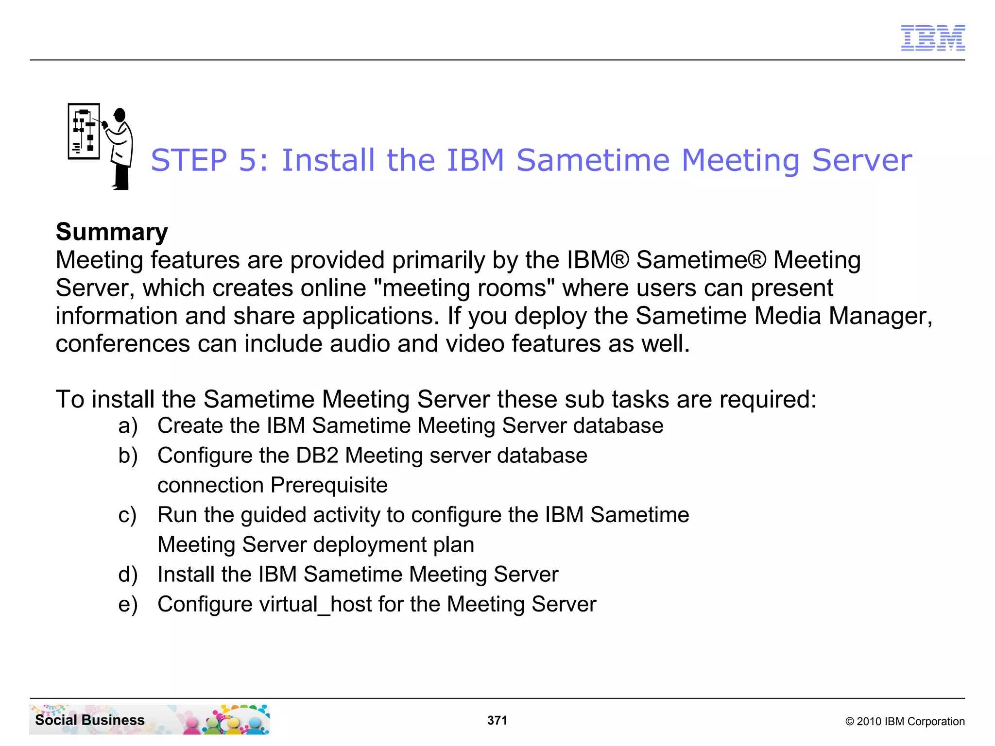 STEP 5: Install the IBM Sametime Meeting Server
Summary
Meeting features are provided primarily by the IBM® Sametime® Meeting
Server, which creates online "meeting rooms" where users can present
information and share applications. If you deploy the Sametime Media Manager,
conferences can include audio and video features as well.
To install the Sametime Meeting Server these sub tasks are required:
a) Create the IBM Sametime Meeting Server database
b) Configure the DB2 Meeting server database
connection Prerequisite
c) Run the guided activity to configure the IBM Sametime
Meeting Server deployment plan
d) Install the IBM Sametime Meeting Server
e) Configure virtual_host for the Meeting Server

Social Business

371

© 2010 IBM Corporation

 
