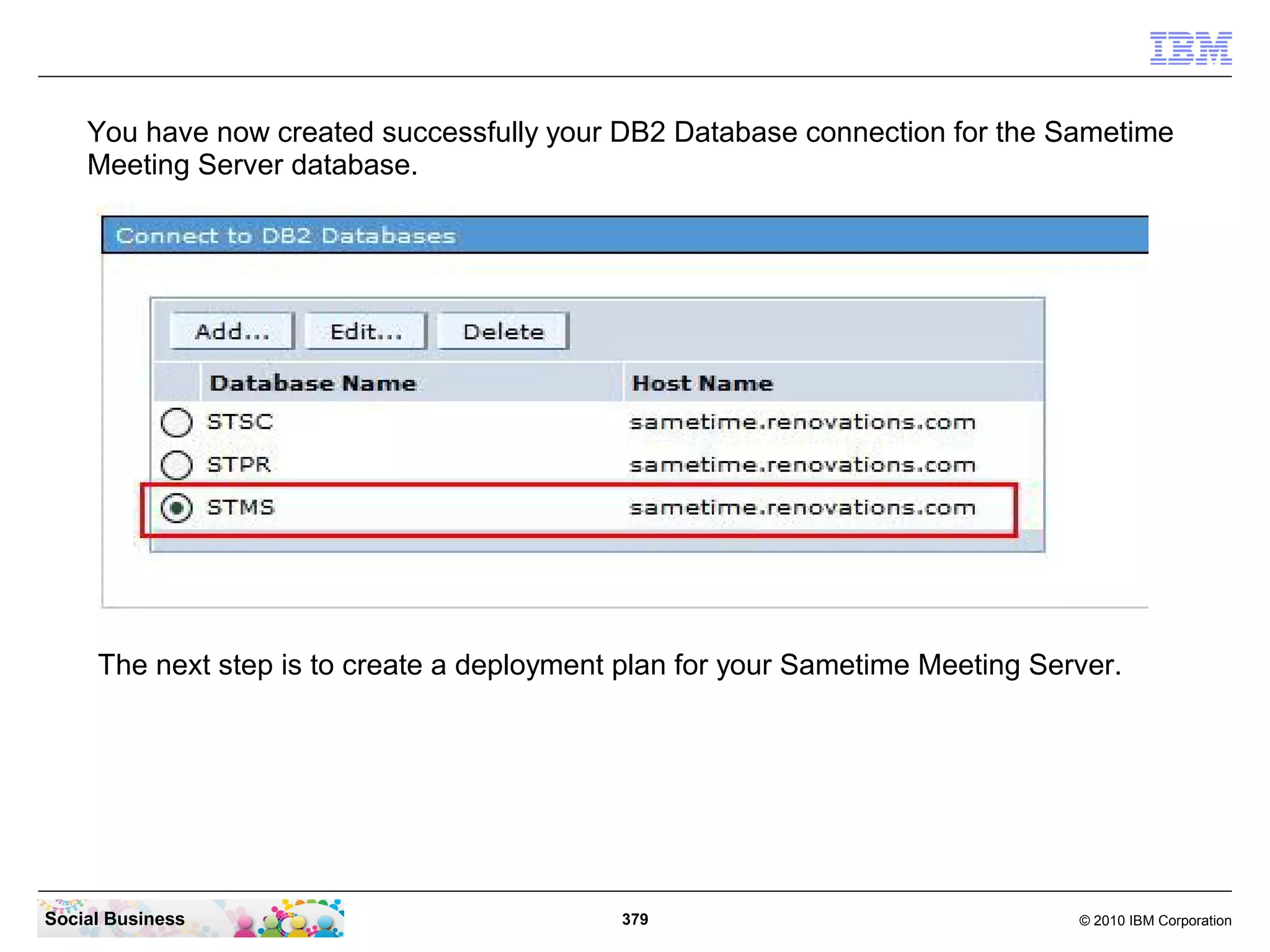 You have now created successfully your DB2 Database connection for the Sametime
Meeting Server database.

The next step is to create a deployment plan for your Sametime Meeting Server.

Social Business

379

© 2010 IBM Corporation

 
