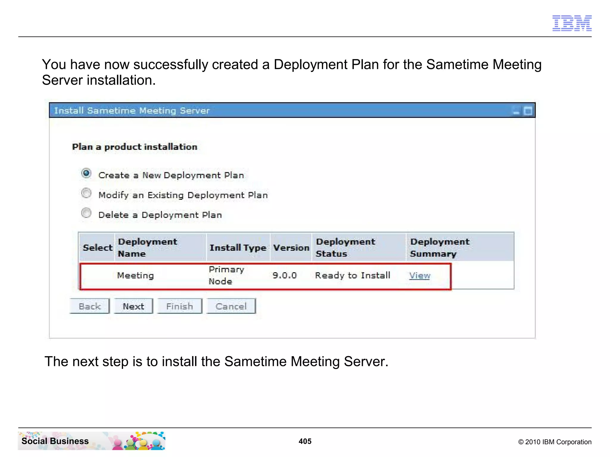 You have now successfully created a Deployment Plan for the Sametime Meeting
Server installation.

The next step is to install the Sametime Meeting Server.

Social Business

405

© 2010 IBM Corporation

 
