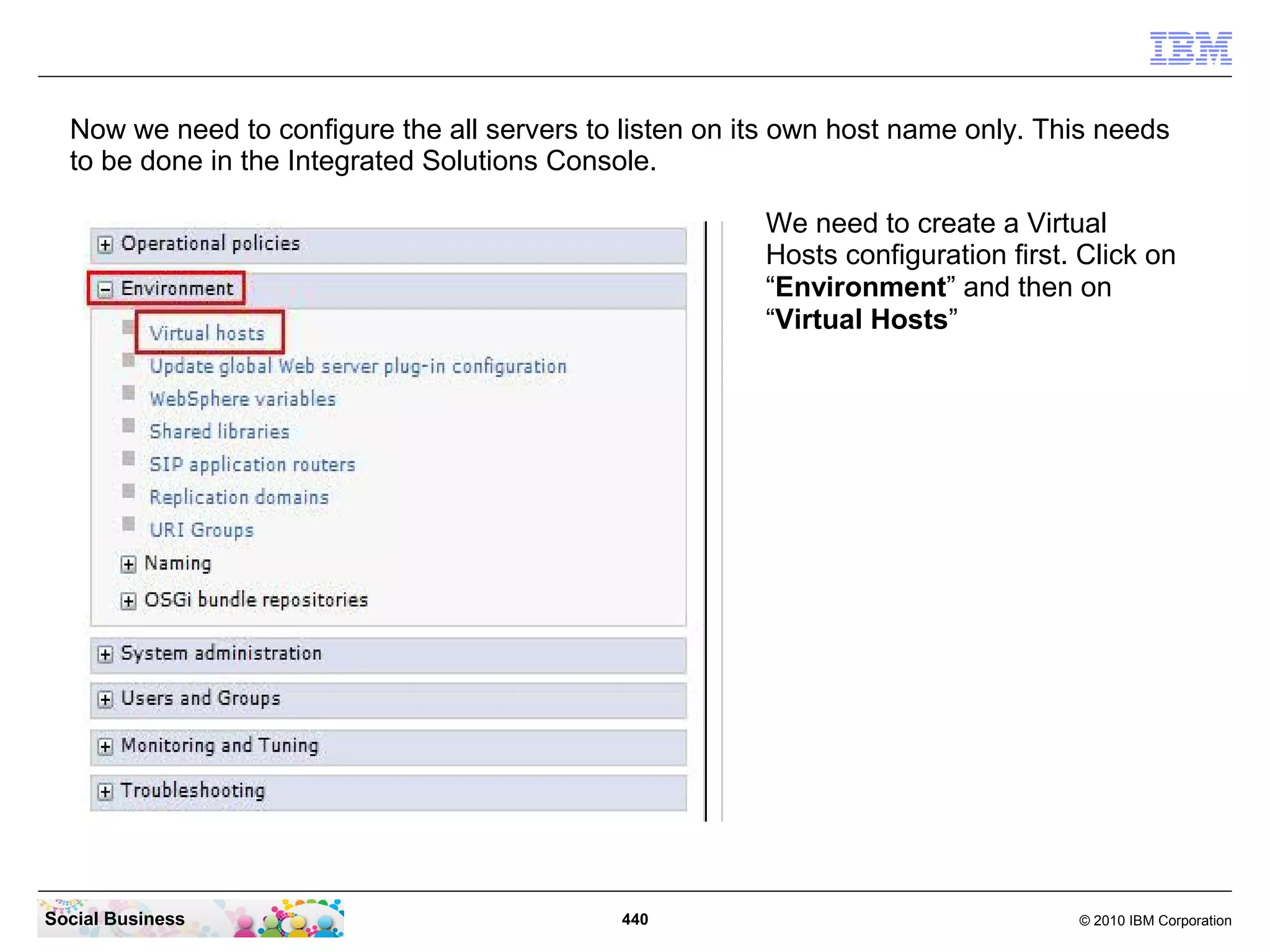 Now we need to configure the all servers to listen on its own host name only. This needs
to be done in the Integrated Solutions Console.
We need to create a Virtual
Hosts configuration first. Click on
“Environment” and then on
“Virtual Hosts”

Social Business

440

© 2010 IBM Corporation

 