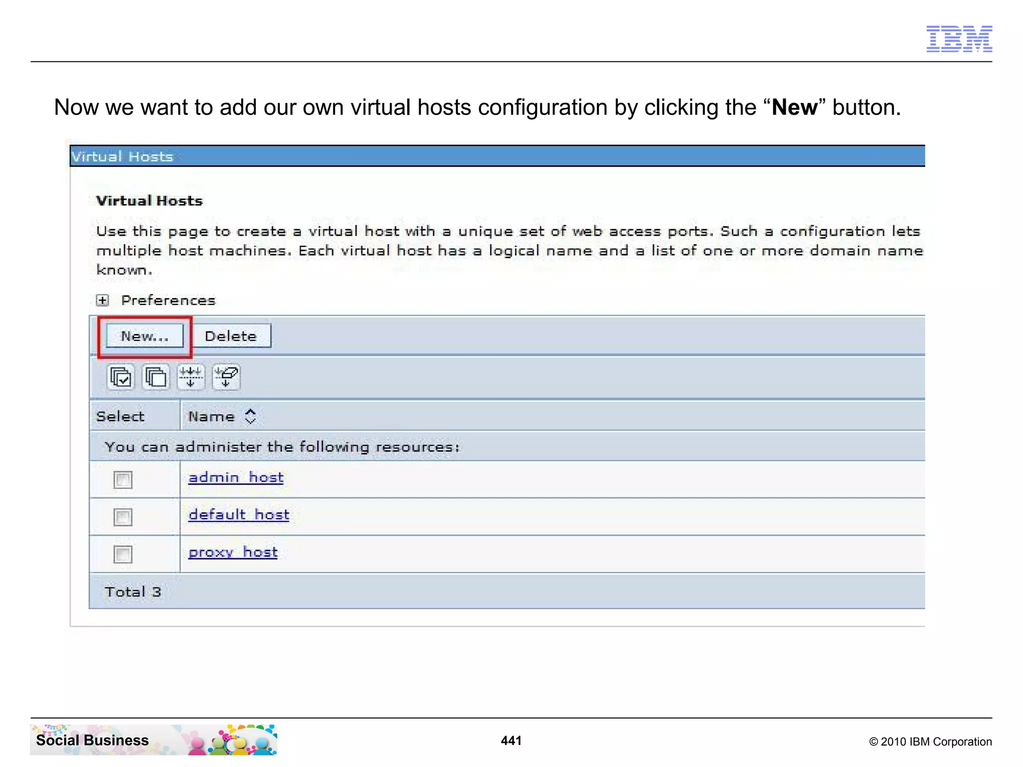 Now we want to add our own virtual hosts configuration by clicking the “New” button.

Social Business

441

© 2010 IBM Corporation

 