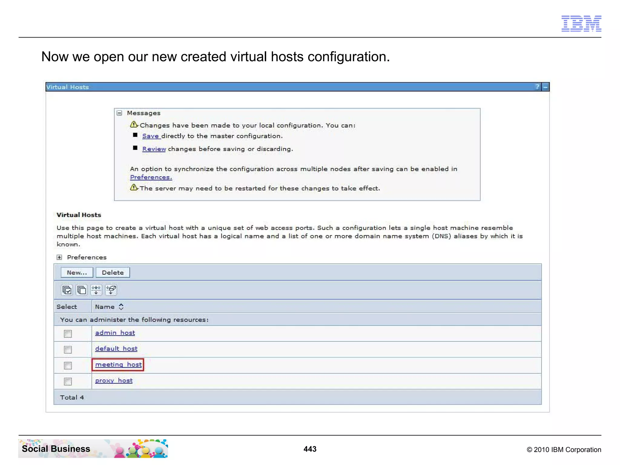 Now we open our new created virtual hosts configuration.

Social Business

443

© 2010 IBM Corporation

 