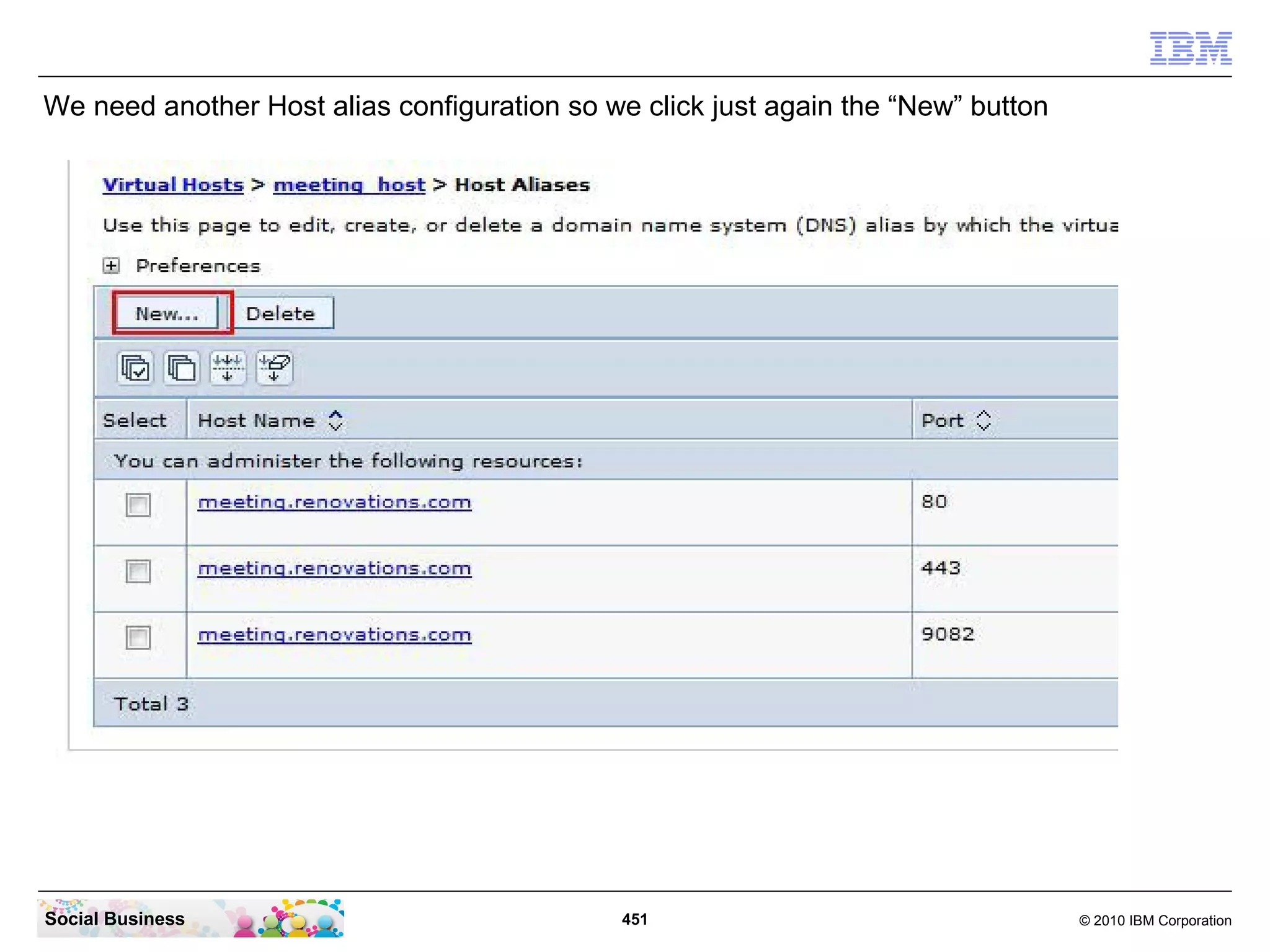 We need another Host alias configuration so we click just again the “New” button

Social Business

451

© 2010 IBM Corporation

 