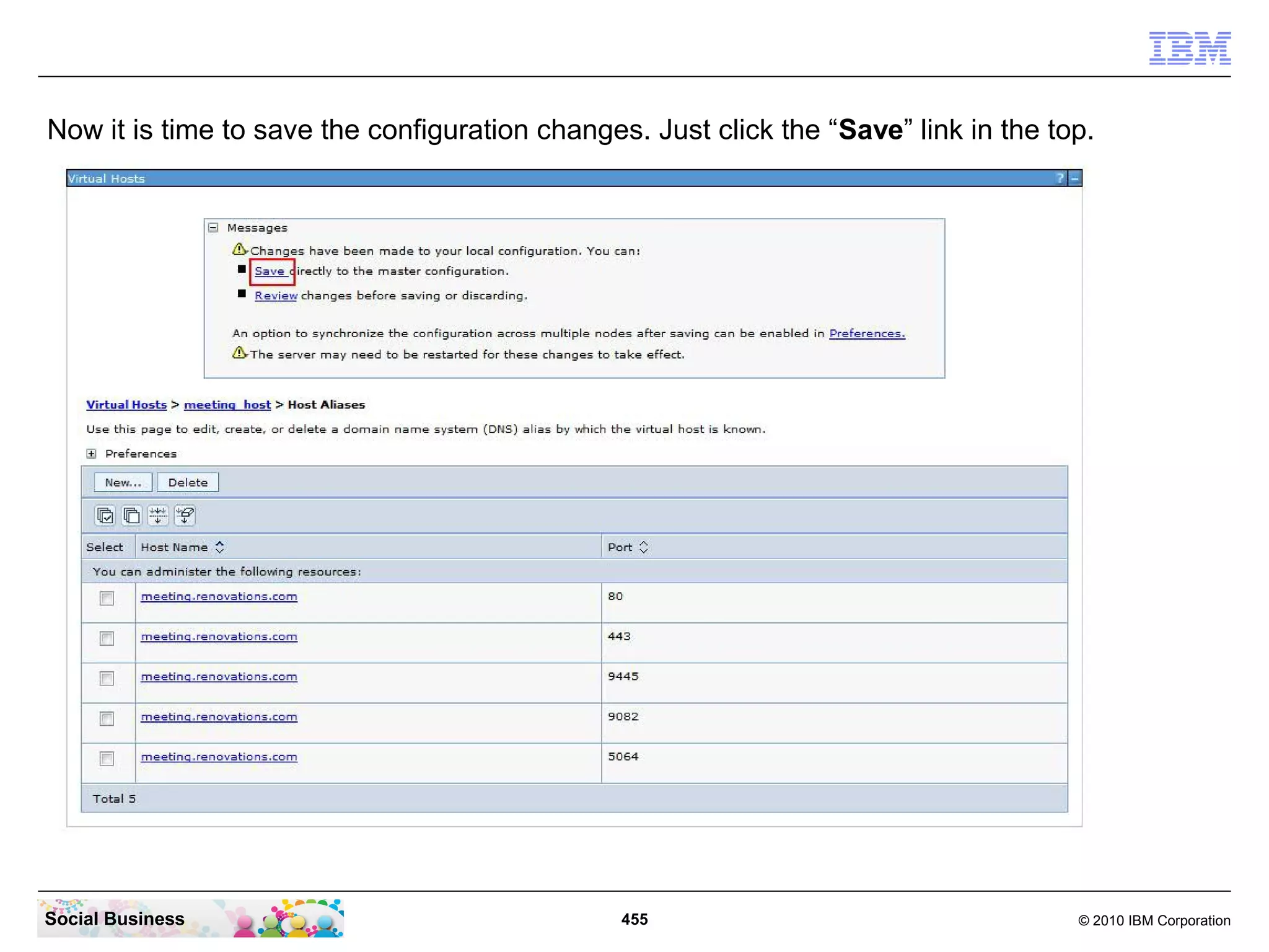 Now it is time to save the configuration changes. Just click the “Save” link in the top.

Social Business

455

© 2010 IBM Corporation

 
