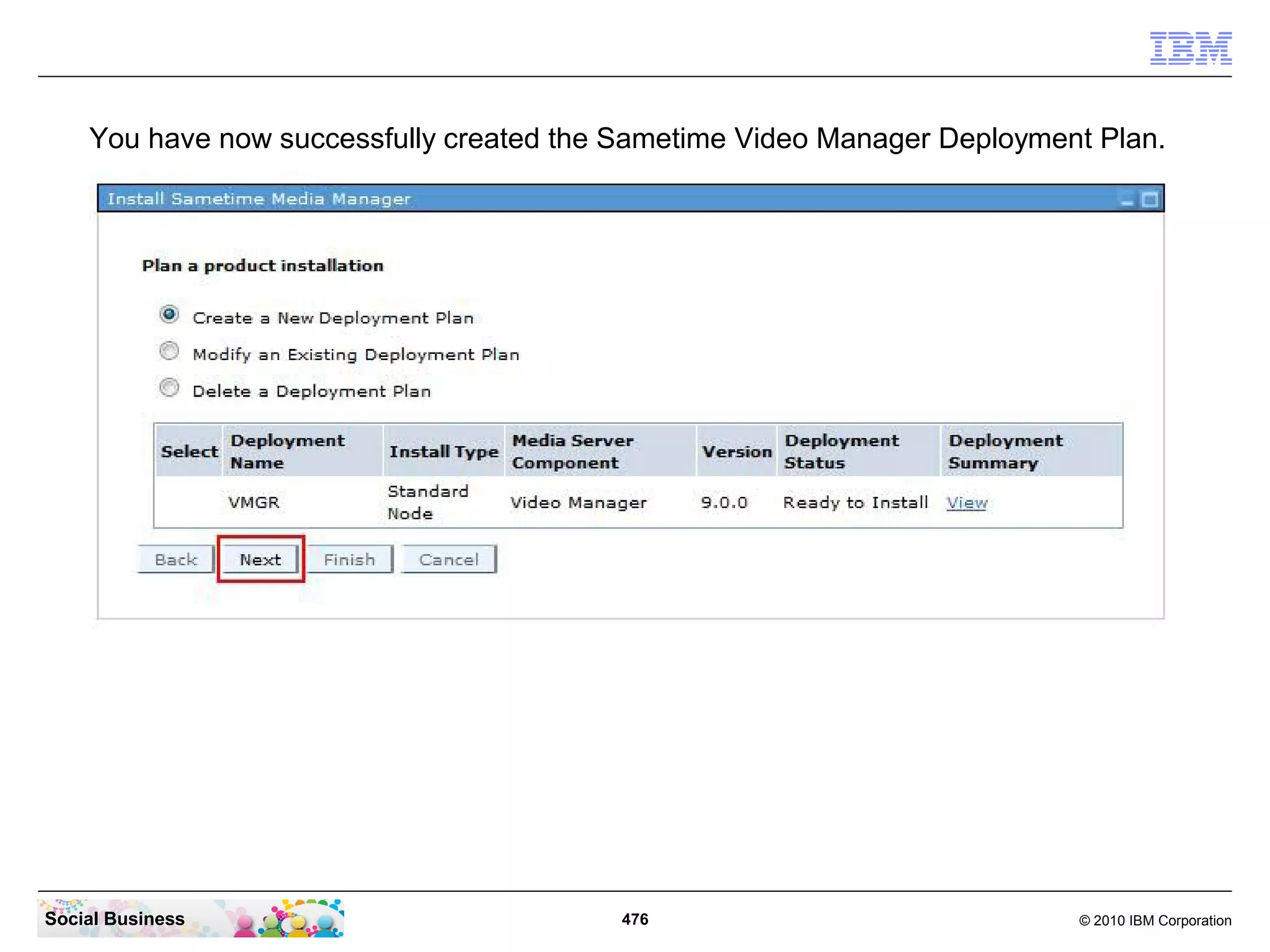 You have now successfully created the Sametime Video Manager Deployment Plan.

Social Business

476

© 2010 IBM Corporation

 