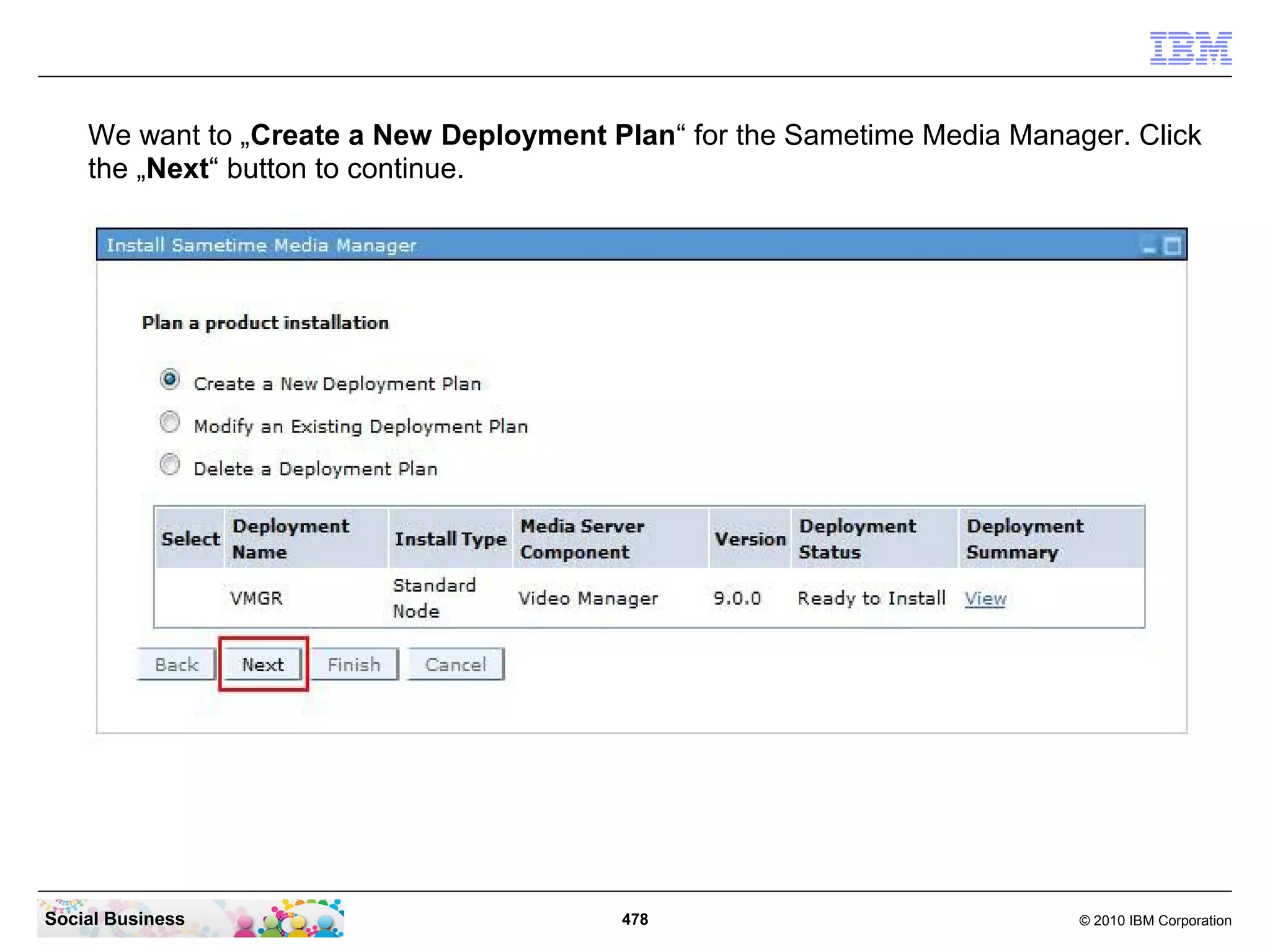 We want to „Create a New Deployment Plan“ for the Sametime Media Manager. Click
the „Next“ button to continue.

Social Business

478

© 2010 IBM Corporation

 