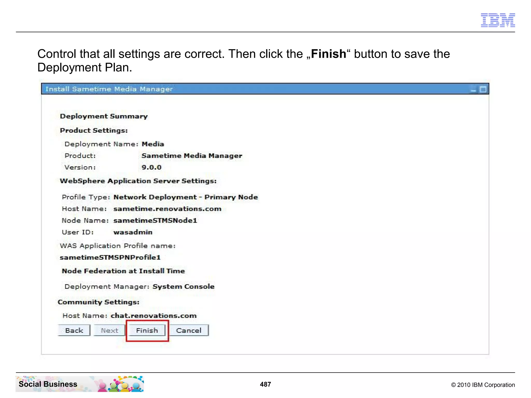 Control that all settings are correct. Then click the „Finish“ button to save the
Deployment Plan.

Social Business

487

© 2010 IBM Corporation

 