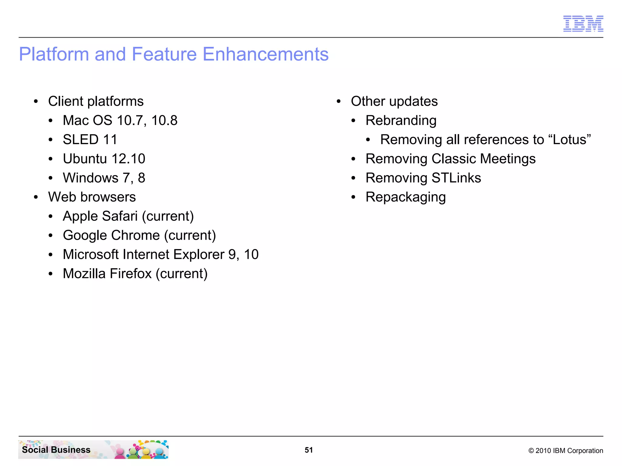 Platform and Feature Enhancements
●

●

Client platforms
●
Mac OS 10.7, 10.8
●
SLED 11
●
Ubuntu 12.10
●
Windows 7, 8
Web browsers
●
Apple Safari (current)
●
Google Chrome (current)
●
Microsoft Internet Explorer 9, 10
●
Mozilla Firefox (current)

Social Business

●

51

Other updates
●
Rebranding
●
Removing all references to “Lotus”
●
Removing Classic Meetings
●
Removing STLinks
●
Repackaging

© 2010 IBM Corporation

 