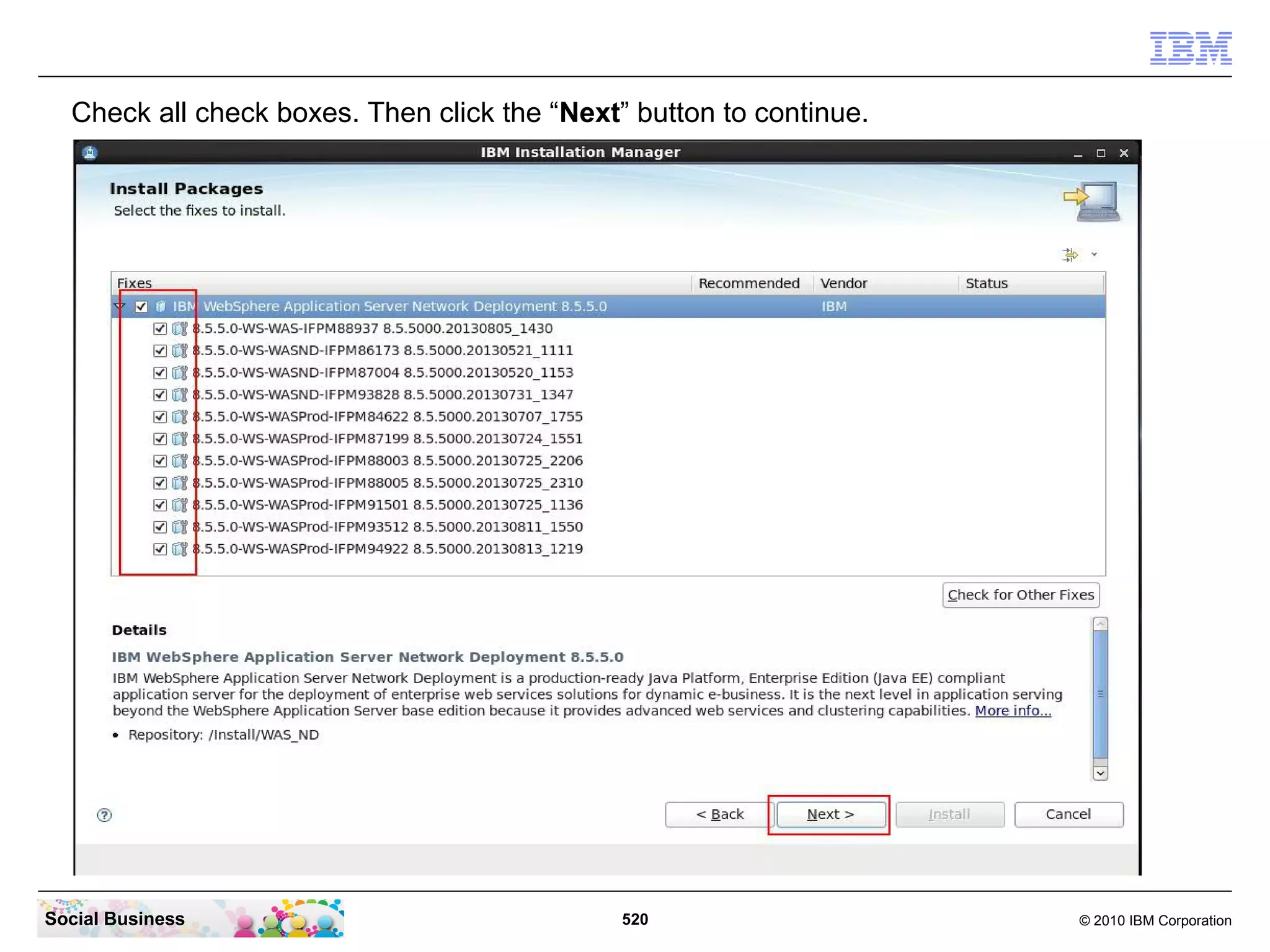 Check all check boxes. Then click the “Next” button to continue.

Social Business

520

© 2010 IBM Corporation

 