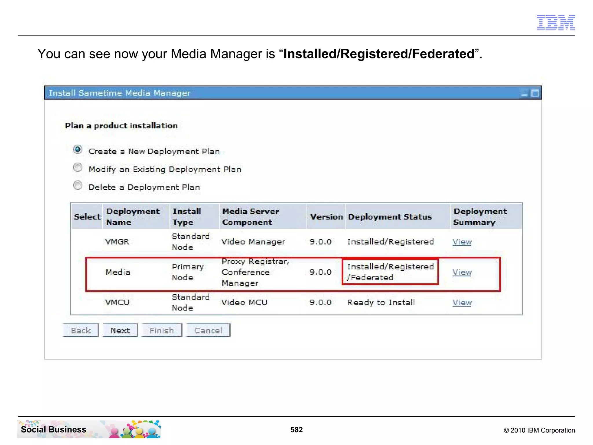 You can see now your Media Manager is “Installed/Registered/Federated”.

Social Business

582

© 2010 IBM Corporation

 