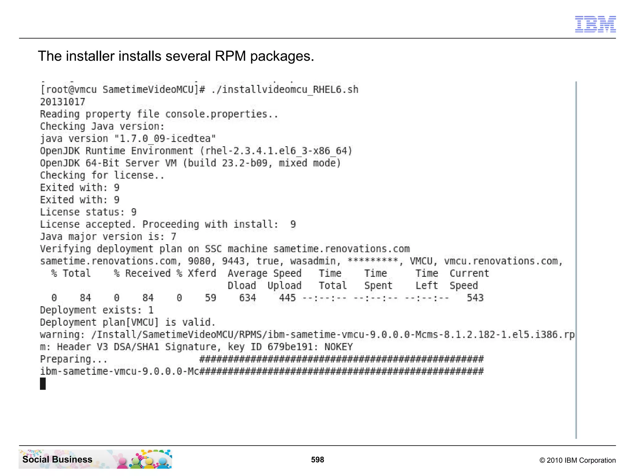 The installer installs several RPM packages.

Social Business

598

© 2010 IBM Corporation

 
