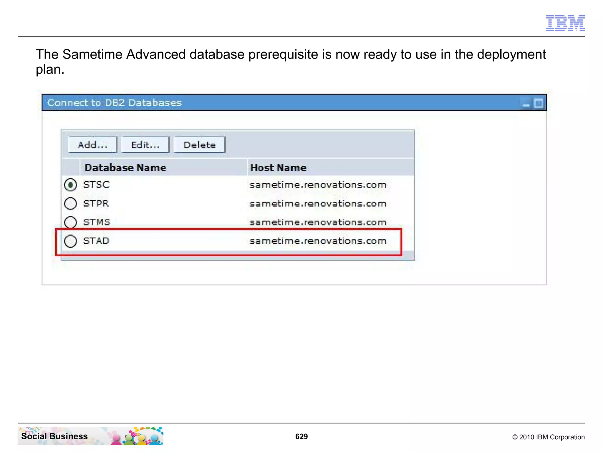 The Sametime Advanced database prerequisite is now ready to use in the deployment
plan.

Social Business

629

© 2010 IBM Corporation

 