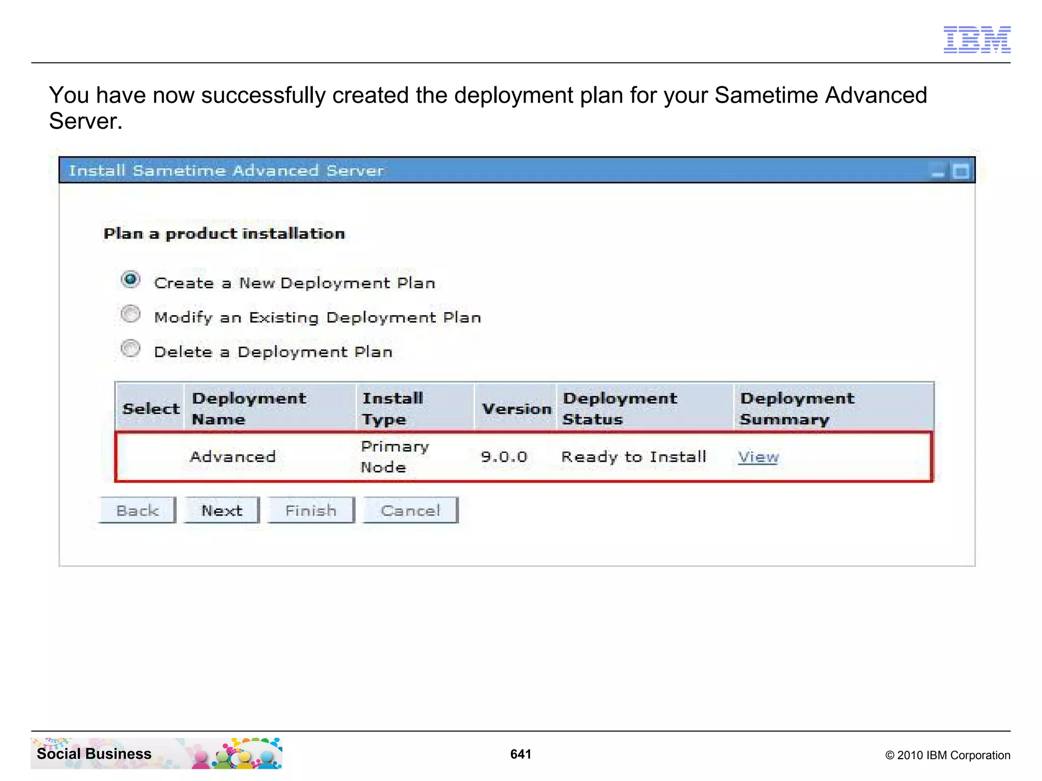 You have now successfully created the deployment plan for your Sametime Advanced
Server.

Social Business

641

© 2010 IBM Corporation

 