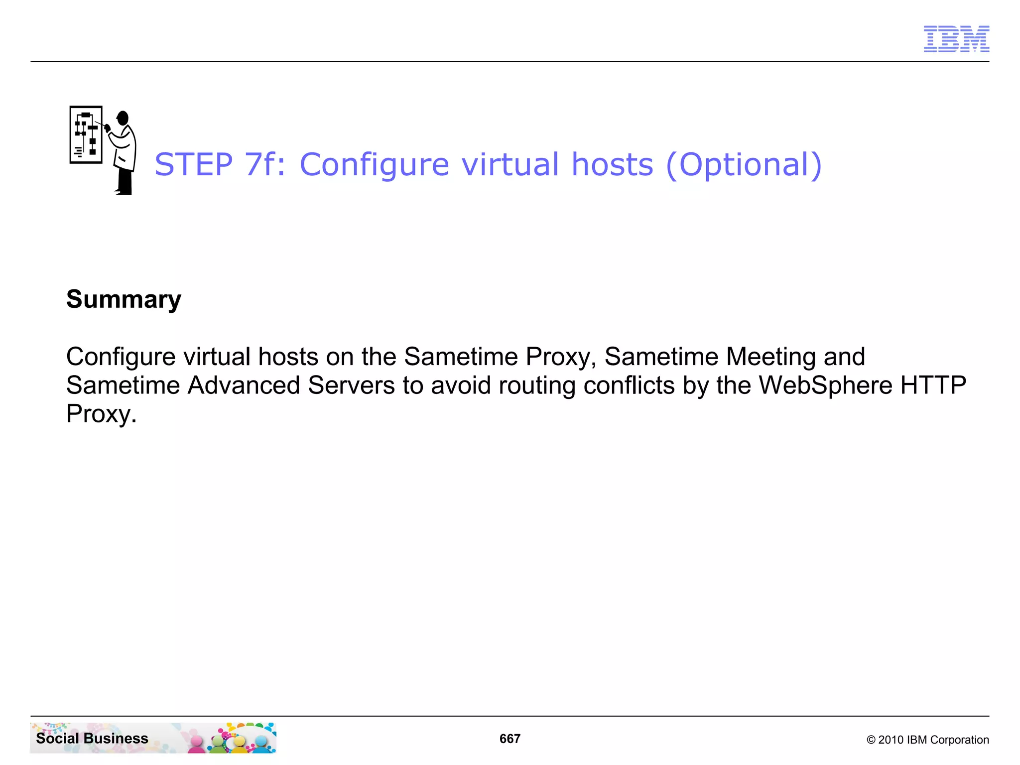 STEP 7f: Configure virtual hosts (Optional)

Summary
Configure virtual hosts on the Sametime Proxy, Sametime Meeting and
Sametime Advanced Servers to avoid routing conflicts by the WebSphere HTTP
Proxy.

Social Business

667

© 2010 IBM Corporation

 