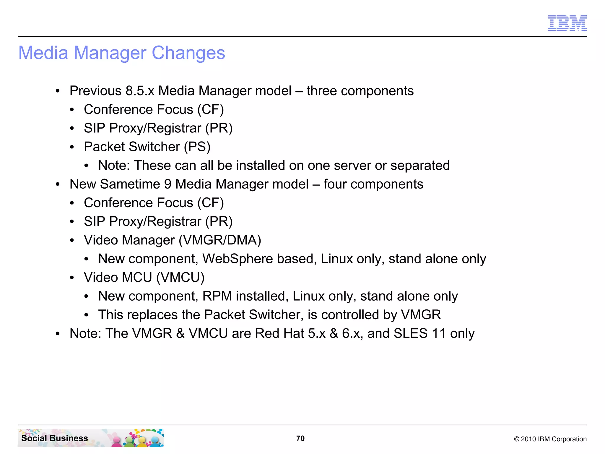 Media Manager Changes
●

●

●

Previous 8.5.x Media Manager model – three components
●
Conference Focus (CF)
●
SIP Proxy/Registrar (PR)
●
Packet Switcher (PS)
●
Note: These can all be installed on one server or separated
New Sametime 9 Media Manager model – four components
●
Conference Focus (CF)
●
SIP Proxy/Registrar (PR)
●
Video Manager (VMGR/DMA)
●
New component, WebSphere based, Linux only, stand alone only
●
Video MCU (VMCU)
●
New component, RPM installed, Linux only, stand alone only
●
This replaces the Packet Switcher, is controlled by VMGR
Note: The VMGR & VMCU are Red Hat 5.x & 6.x, and SLES 11 only

Social Business

70

© 2010 IBM Corporation

 