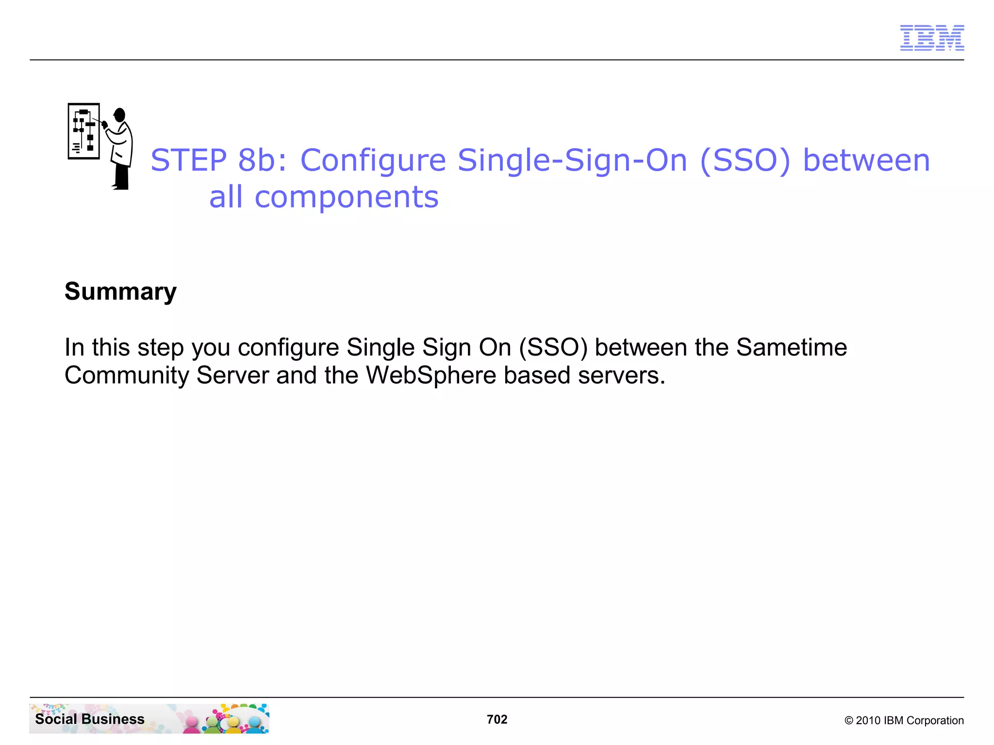 STEP 8b: Configure Single-Sign-On (SSO) between
all components
Summary
In this step you configure Single Sign On (SSO) between the Sametime
Community Server and the WebSphere based servers.

Social Business

702

© 2010 IBM Corporation

 