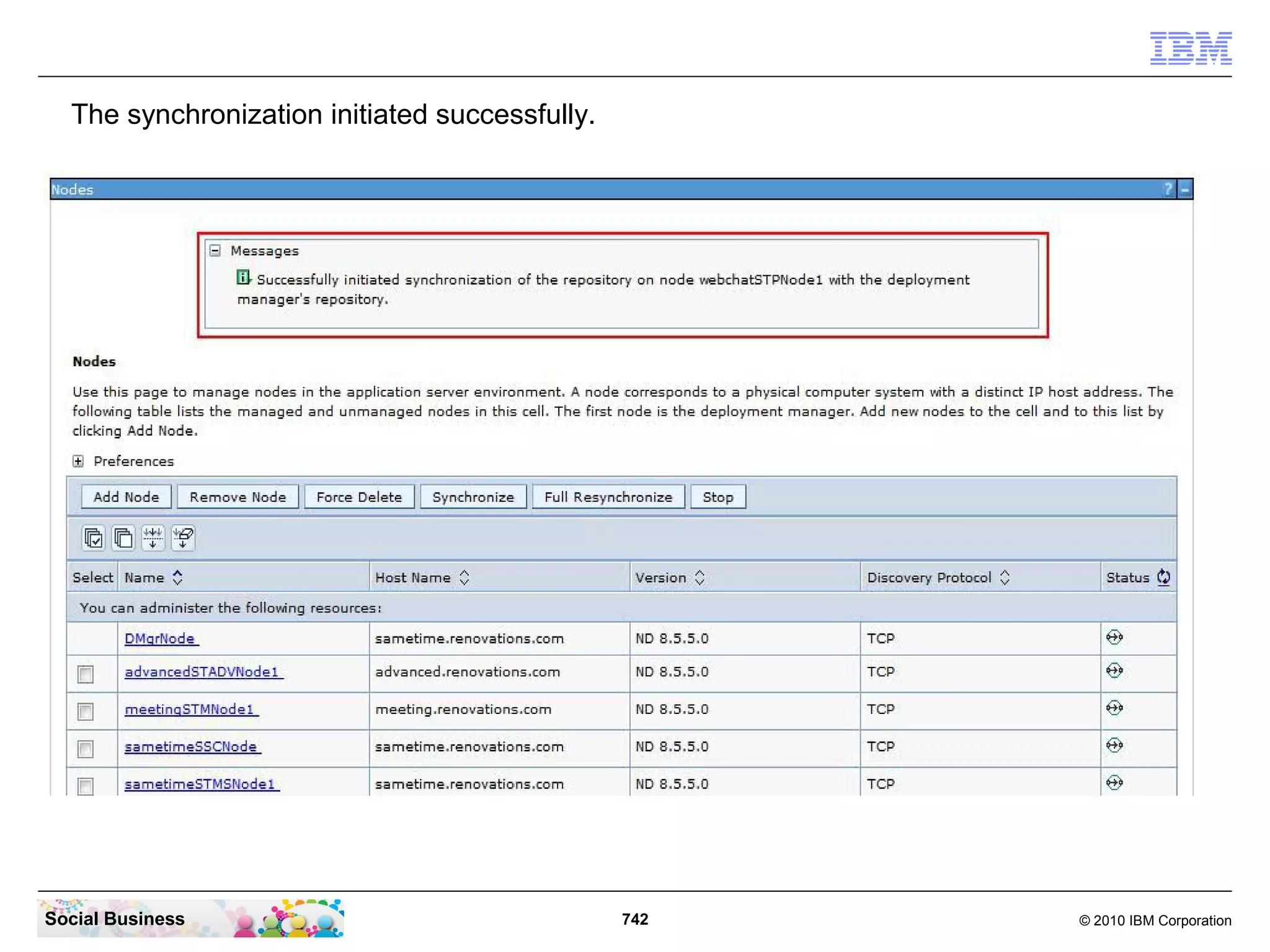 The synchronization initiated successfully.

Social Business

742

© 2010 IBM Corporation

 