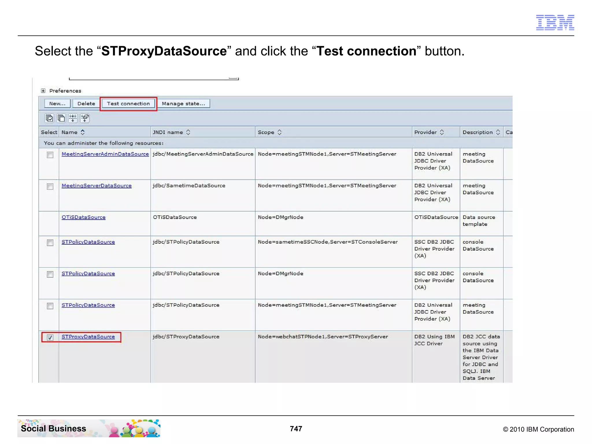 Select the “STProxyDataSource” and click the “Test connection” button.

Social Business

747

© 2010 IBM Corporation

 
