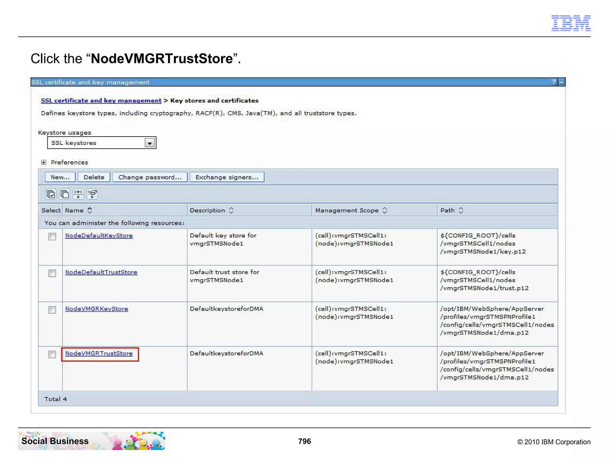 Click the “NodeVMGRTrustStore”.

Social Business

796

© 2010 IBM Corporation

 