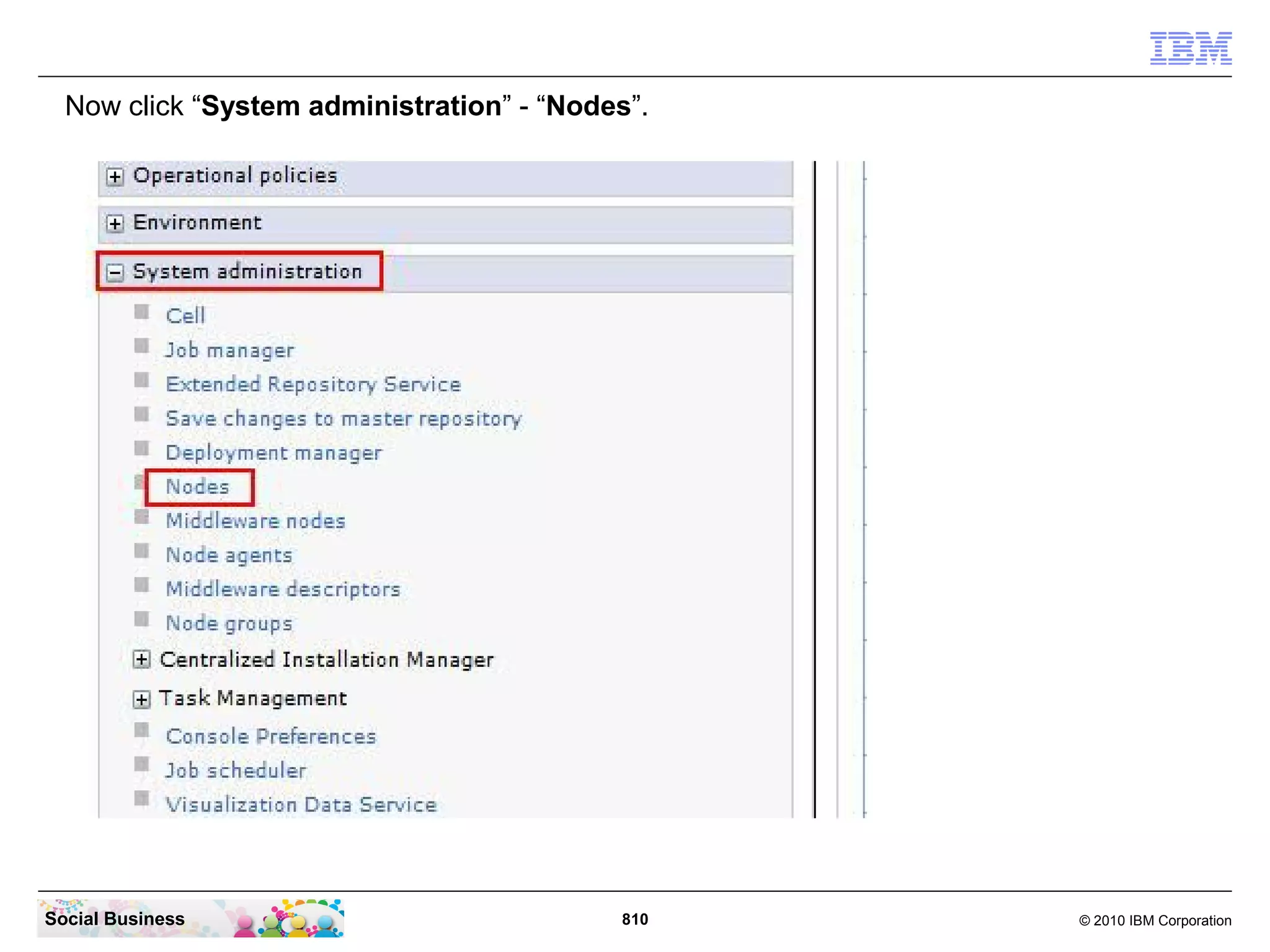 Now click “System administration” - “Nodes”.

Social Business

810

© 2010 IBM Corporation

 