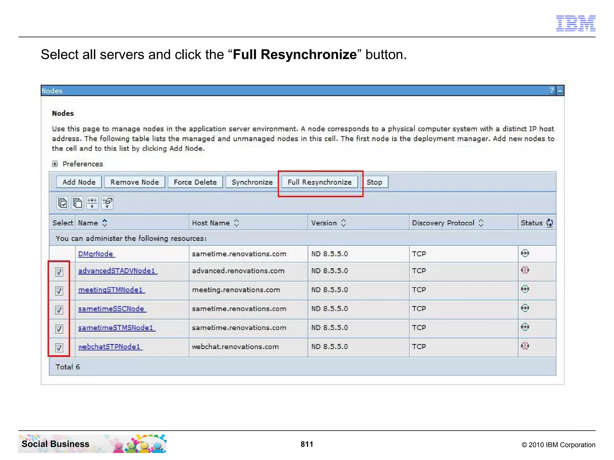 Select all servers and click the “Full Resynchronize” button.

Social Business

811

© 2010 IBM Corporation

 
