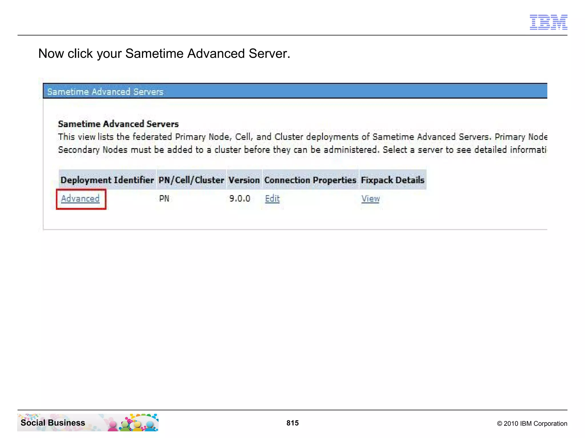 Now click your Sametime Advanced Server.

Social Business

815

© 2010 IBM Corporation

 