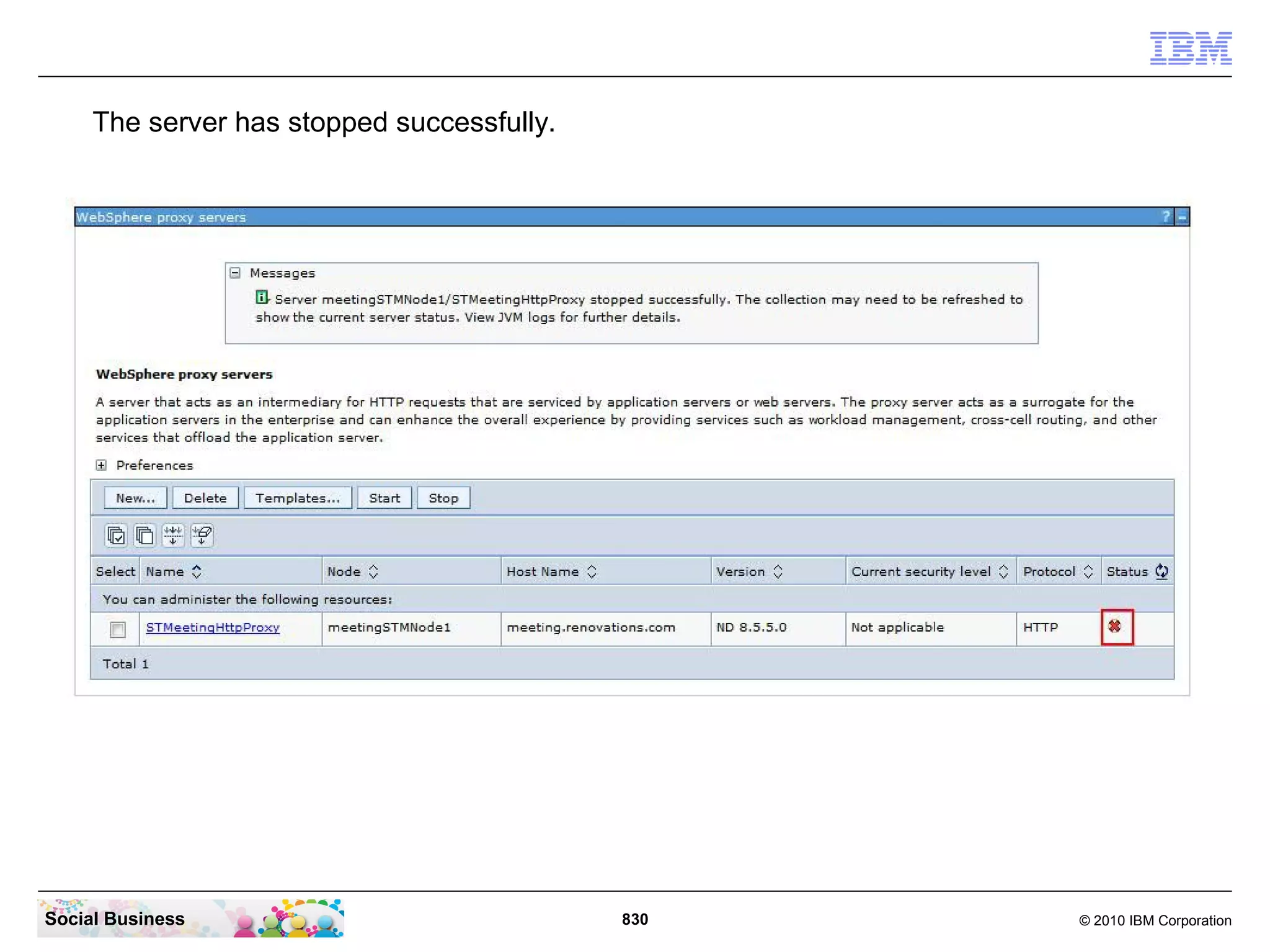 The server has stopped successfully.

Social Business

830

© 2010 IBM Corporation

 