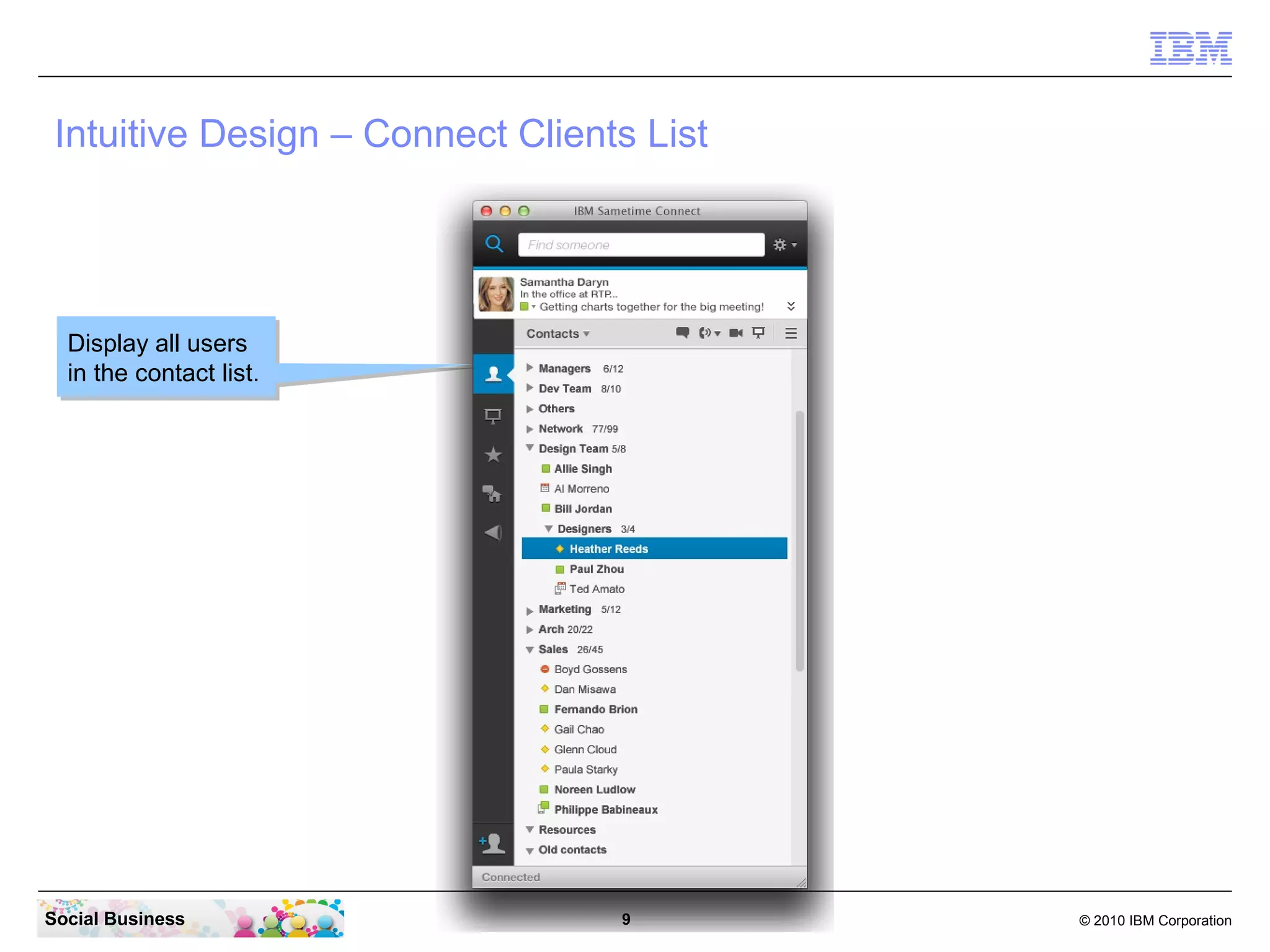 Intuitive Design – Connect Clients List

Display all users
Display all users
in the contact list.
in the contact list.

Social Business

9

© 2010 IBM Corporation

 