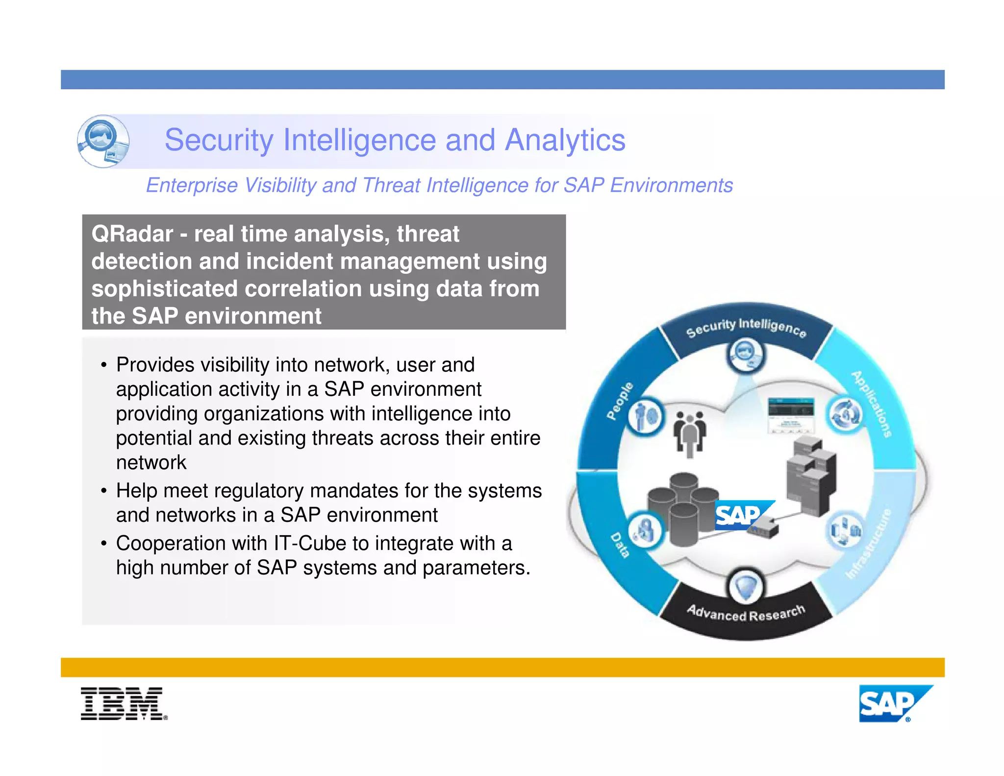 Security Intelligence and Analytics
     Enterprise Visibility and Threat Intelligence for SAP Environments

QRadar - real time analysis, threat
detection and incident management using
sophisticated correlation using data from
the SAP environment

• Provides visibility into network, user and
  application activity in a SAP environment
  providing organizations with intelligence into
  potential and existing threats across their entire
  network
• Help meet regulatory mandates for the systems
  and networks in a SAP environment
• Cooperation with IT-Cube to integrate with a
  high number of SAP systems and parameters.




                                                                          16
 