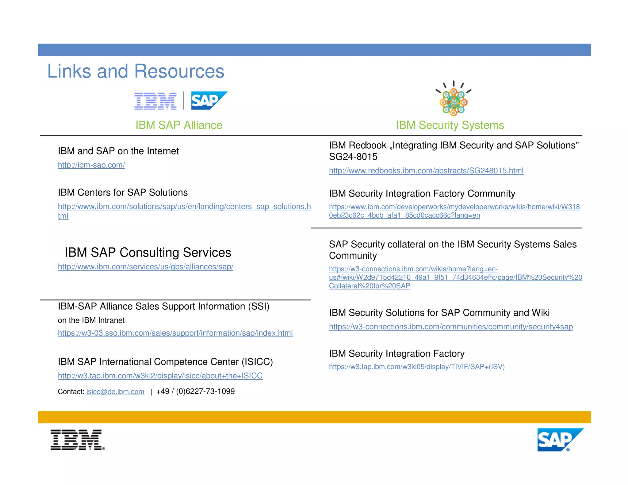 Links and Resources

                       IBM SAP Alliance                                                       IBM Security Systems
                                                                          IBM Redbook „Integrating IBM Security and SAP Solutions”
 IBM and SAP on the Internet
                                                                          SG24-8015
 http://ibm-sap.com/
                                                                          http://www.redbooks.ibm.com/abstracts/SG248015.html

 IBM Centers for SAP Solutions                                            IBM Security Integration Factory Community
 http://www.ibm.com/solutions/sap/us/en/landing/centers_sap_solutions.h   https://www.ibm.com/developerworks/mydeveloperworks/wikis/home/wiki/W318
 tml                                                                      0eb23c62c_4bcb_afa1_85cd0cacc66c?lang=en



                                                                          SAP Security collateral on the IBM Security Systems Sales
  IBM SAP Consulting Services                                             Community
 http://www.ibm.com/services/us/gbs/alliances/sap/                        https://w3-connections.ibm.com/wikis/home?lang=en-
                                                                          us#/wiki/W2d9715d42210_49a1_9f51_74d34634effc/page/IBM%20Security%20
                                                                          Collateral%20for%20SAP

 IBM-SAP Alliance Sales Support Information (SSI)
                                                                          IBM Security Solutions for SAP Community and Wiki
 on the IBM Intranet
                                                                          https://w3-connections.ibm.com/communities/community/security4sap
 https://w3-03.sso.ibm.com/sales/support/information/sap/index.html

                                                                          IBM Security Integration Factory
 IBM SAP International Competence Center (ISICC)                          https://w3.tap.ibm.com/w3ki05/display/TIVIF/SAP+(ISV)
 http://w3.tap.ibm.com/w3ki2/display/isicc/about+the+ISICC
 Contact: isicc@de.ibm.com | +49 / (0)6227-73-1099




                                                                                                                                                18
 
